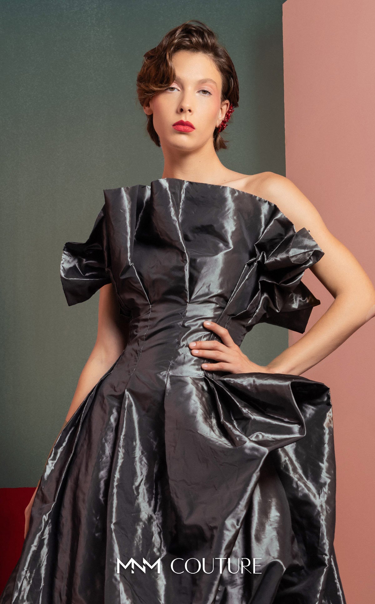 Style GOF2503 Anthracite Strapless Dress with metallic Ruffles Presence