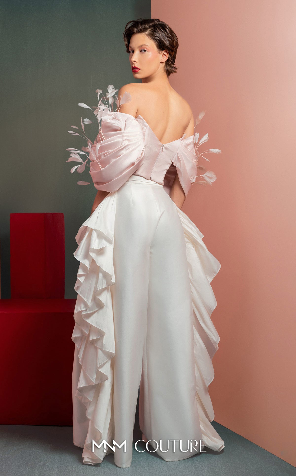 Style GOF2504 Whimsical Pink Feathered Taffeta Top Flowing Taffeta Pants with Side Ruffles