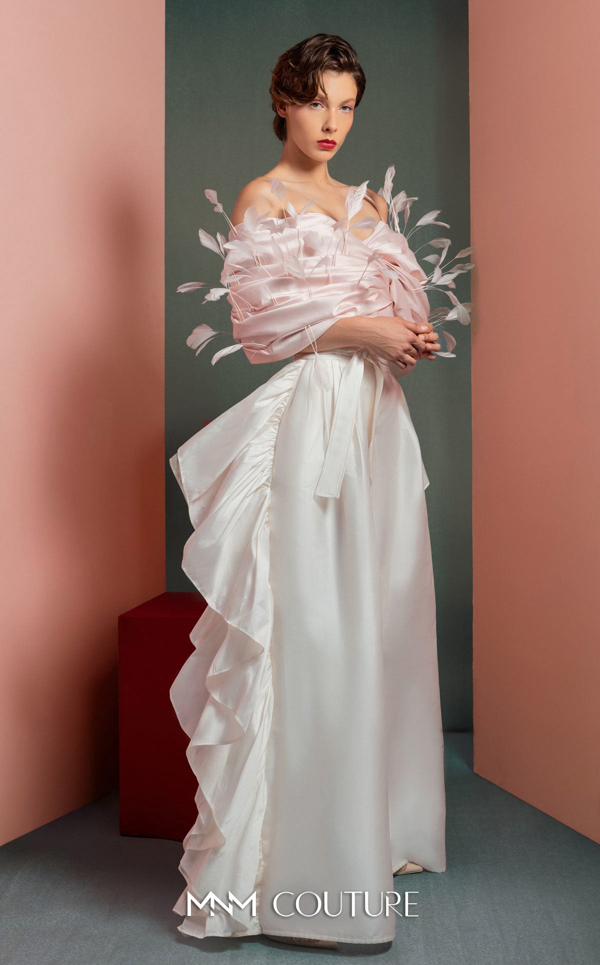 Style GOF2504 Whimsical Pink Feathered Taffeta Top Flowing Taffeta Pants with Side Ruffles