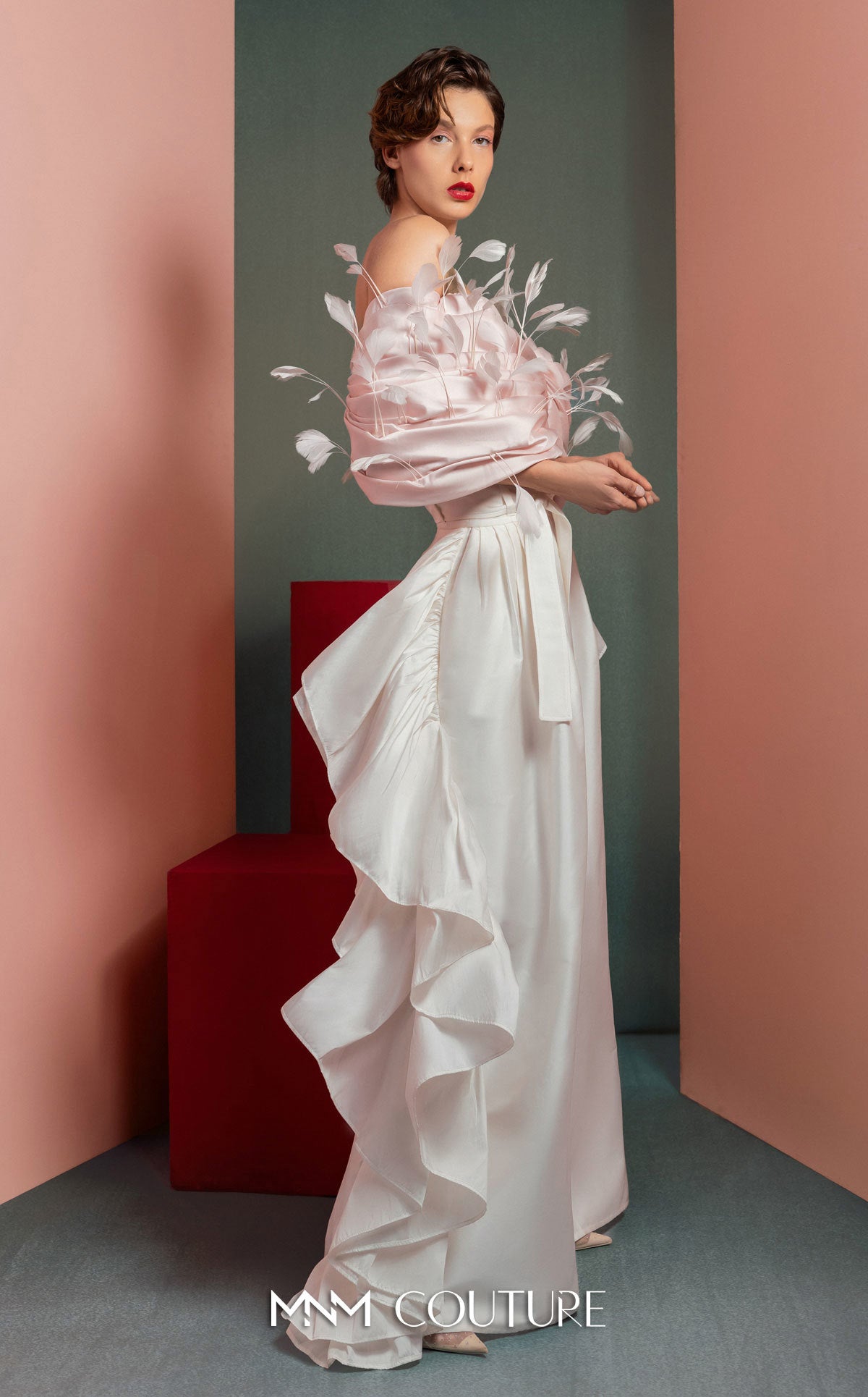 Style GOF2504 Whimsical Pink Feathered Taffeta Top Flowing Taffeta Pants with Side Ruffles