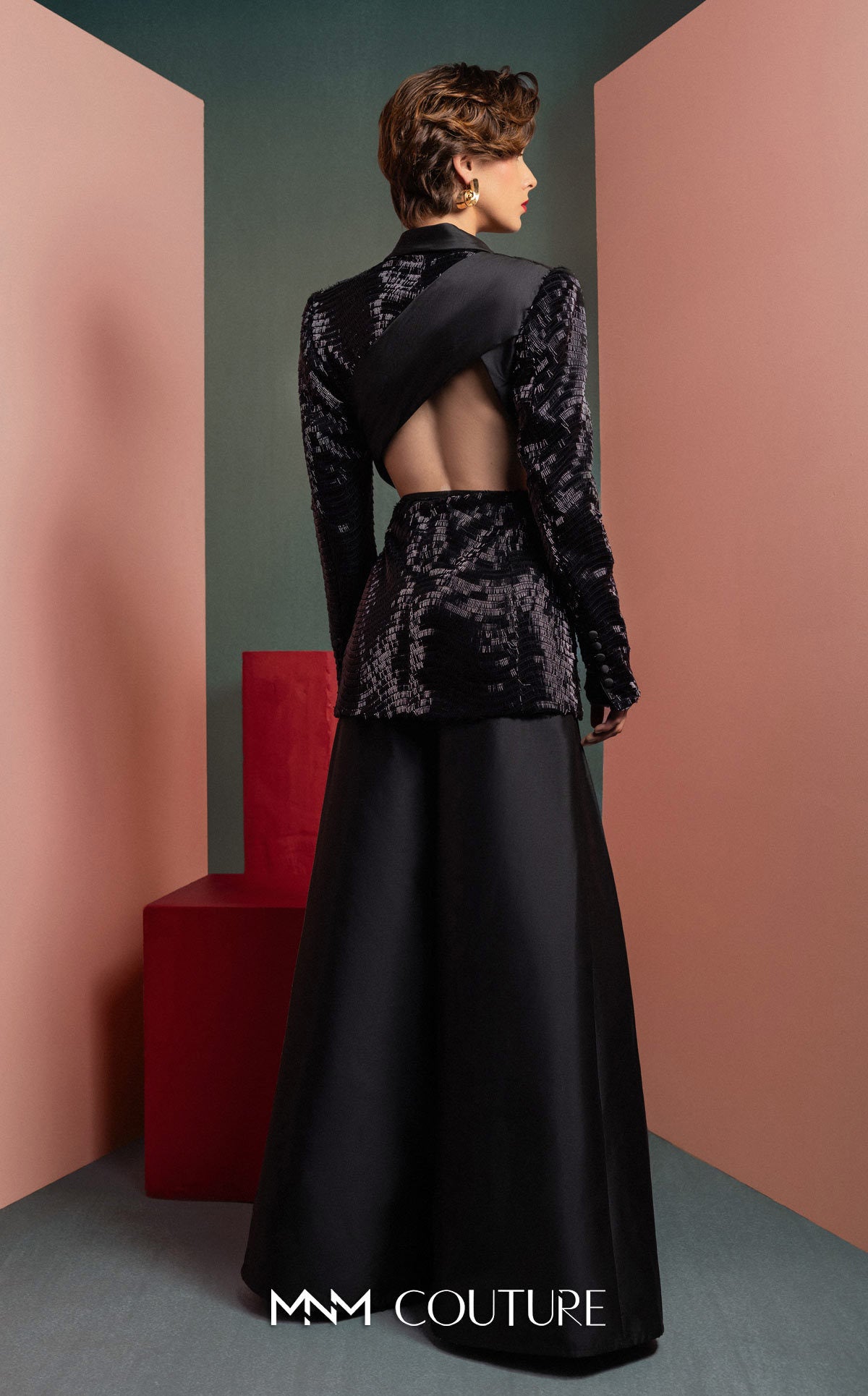 Style GOF2505 Elegant Sequin Blazer with Draped Taffeta Detail and knot Wide-Leg Taffeta Pants