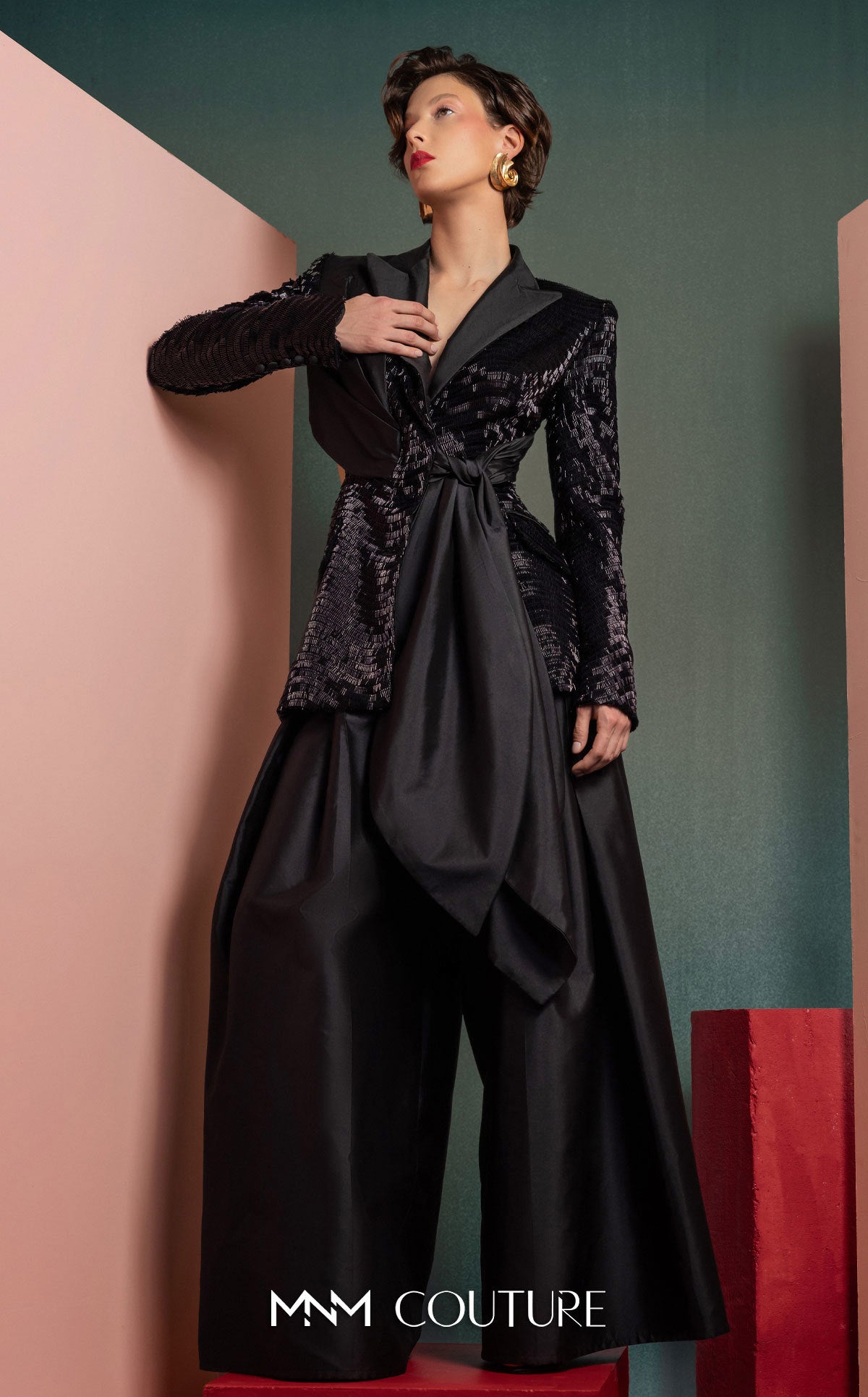 Style GOF2505 Elegant Sequin Blazer with Draped Taffeta Detail and knot Wide-Leg Taffeta Pants
