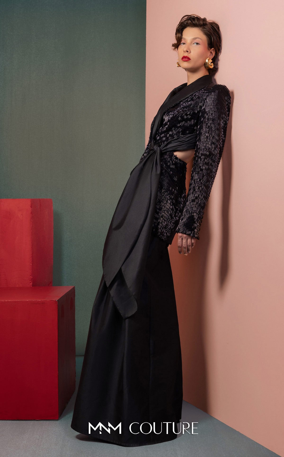 Style GOF2505 Elegant Sequin Blazer with Draped Taffeta Detail and knot Wide-Leg Taffeta Pants
