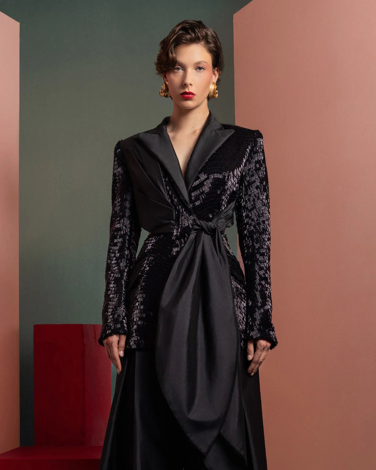 Style GOF2505 Elegant Sequin Blazer with Draped Taffeta Detail and knot Wide-Leg Taffeta Pants