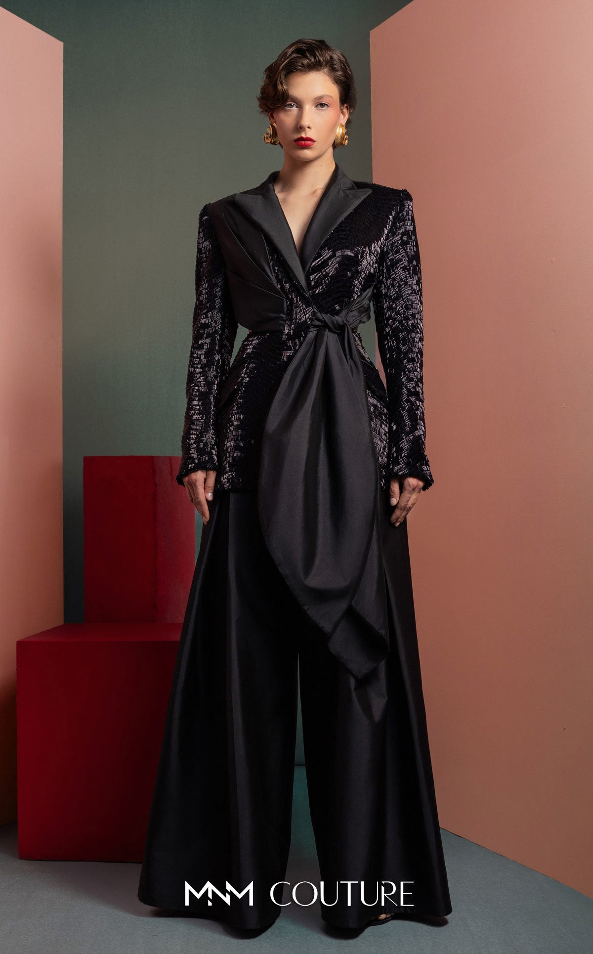 Style GOF2505 Elegant Sequin Blazer with Draped Taffeta Detail and knot Wide-Leg Taffeta Pants