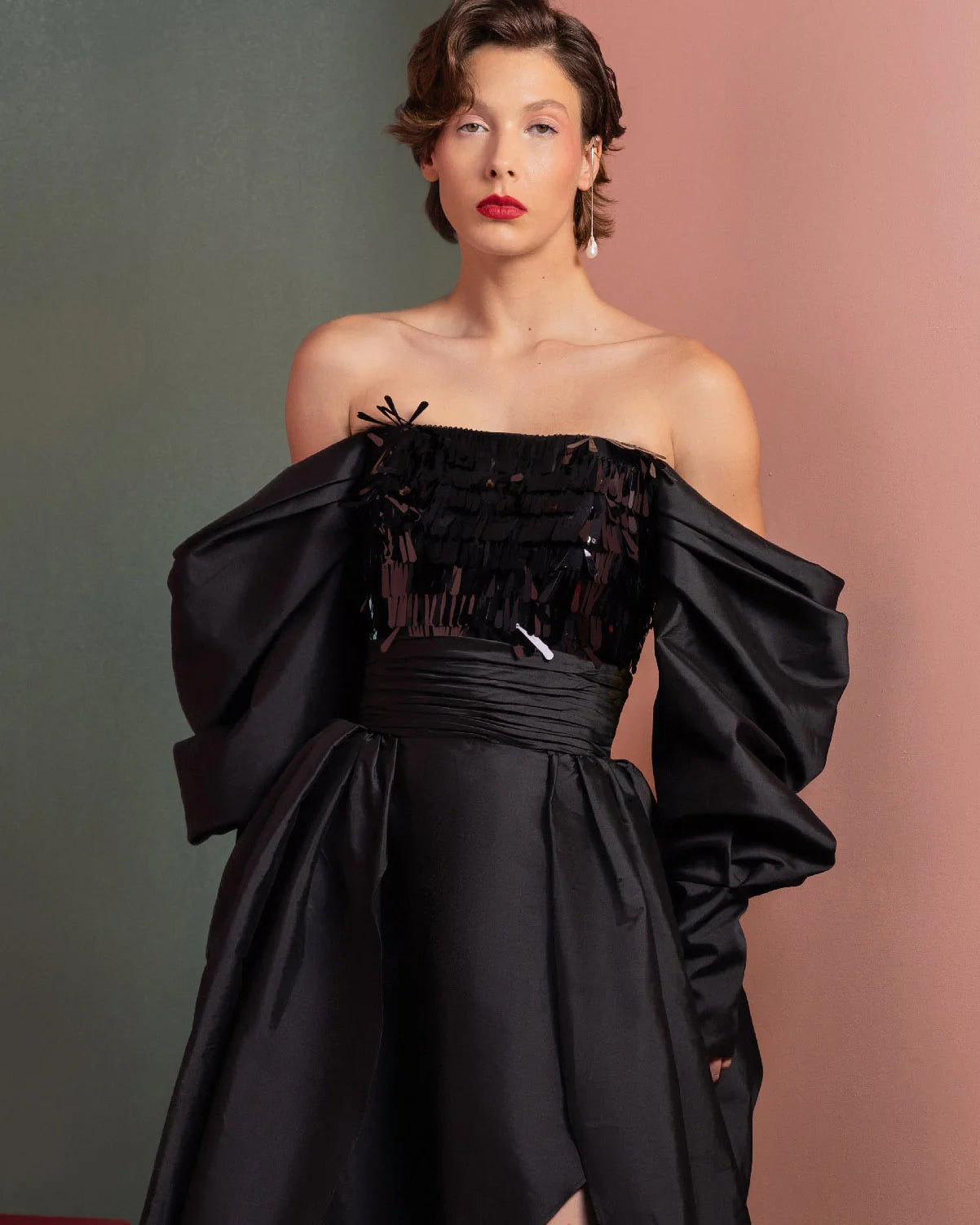 Style GOF2506 Bold sleek Sequin Top with Exaggerated Glamour Sleeves Luxurious High-Low Taffeta Skirt