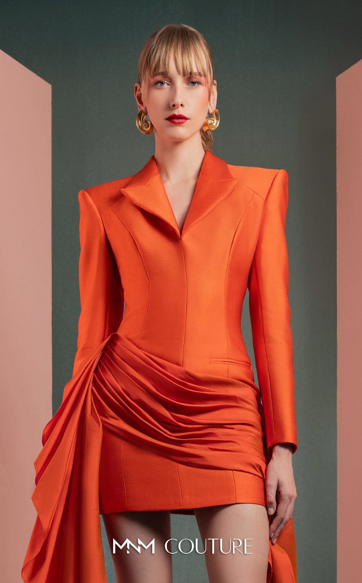 Style GOF2507 Draped Mikado and Taffeta Vibrant Orange Jacket Dress