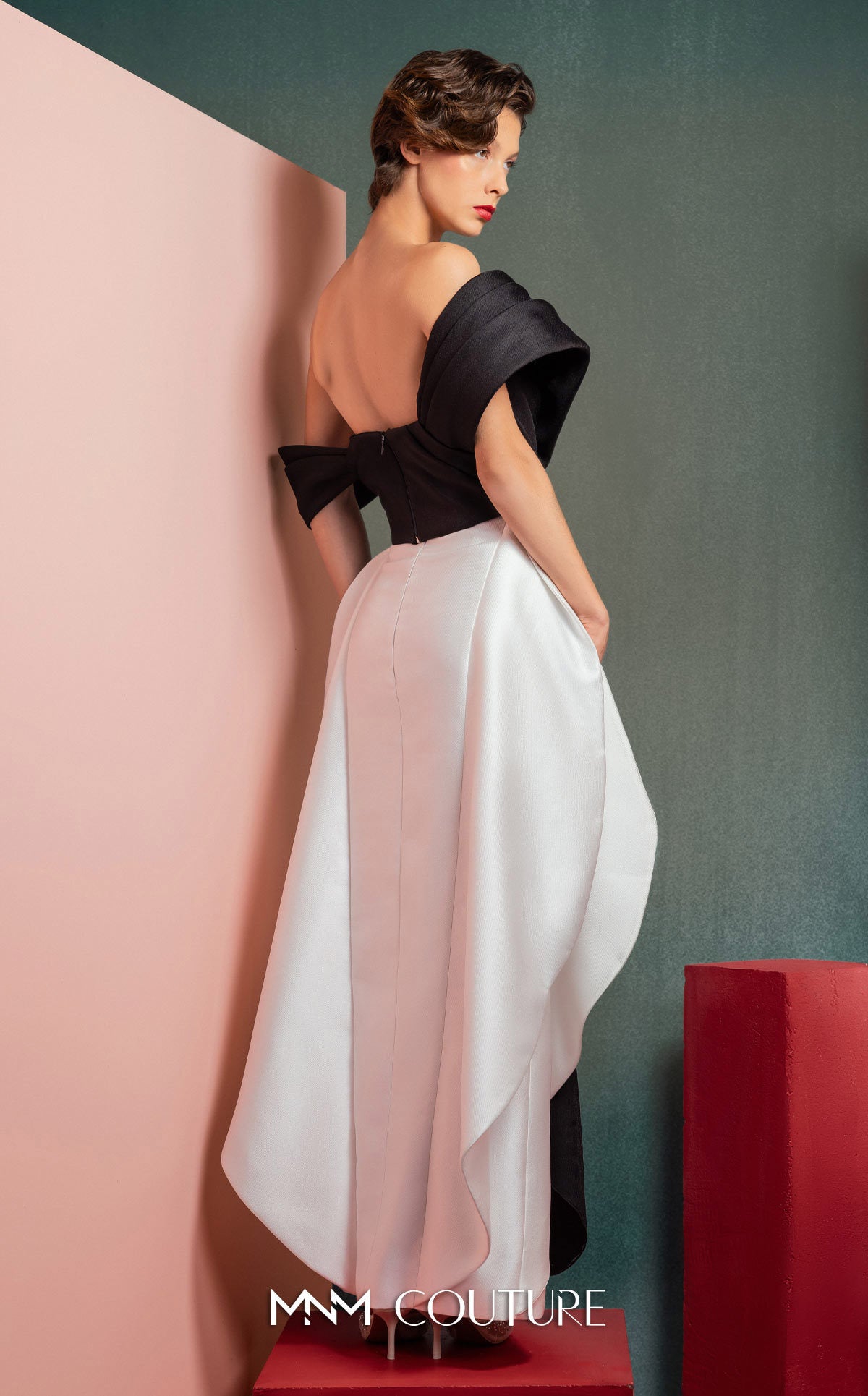 Style GOF2508 Off-the-Shoulder Refined Draped Piqué Top Off-White Mikado Piqué Skirt with Layered Drapes