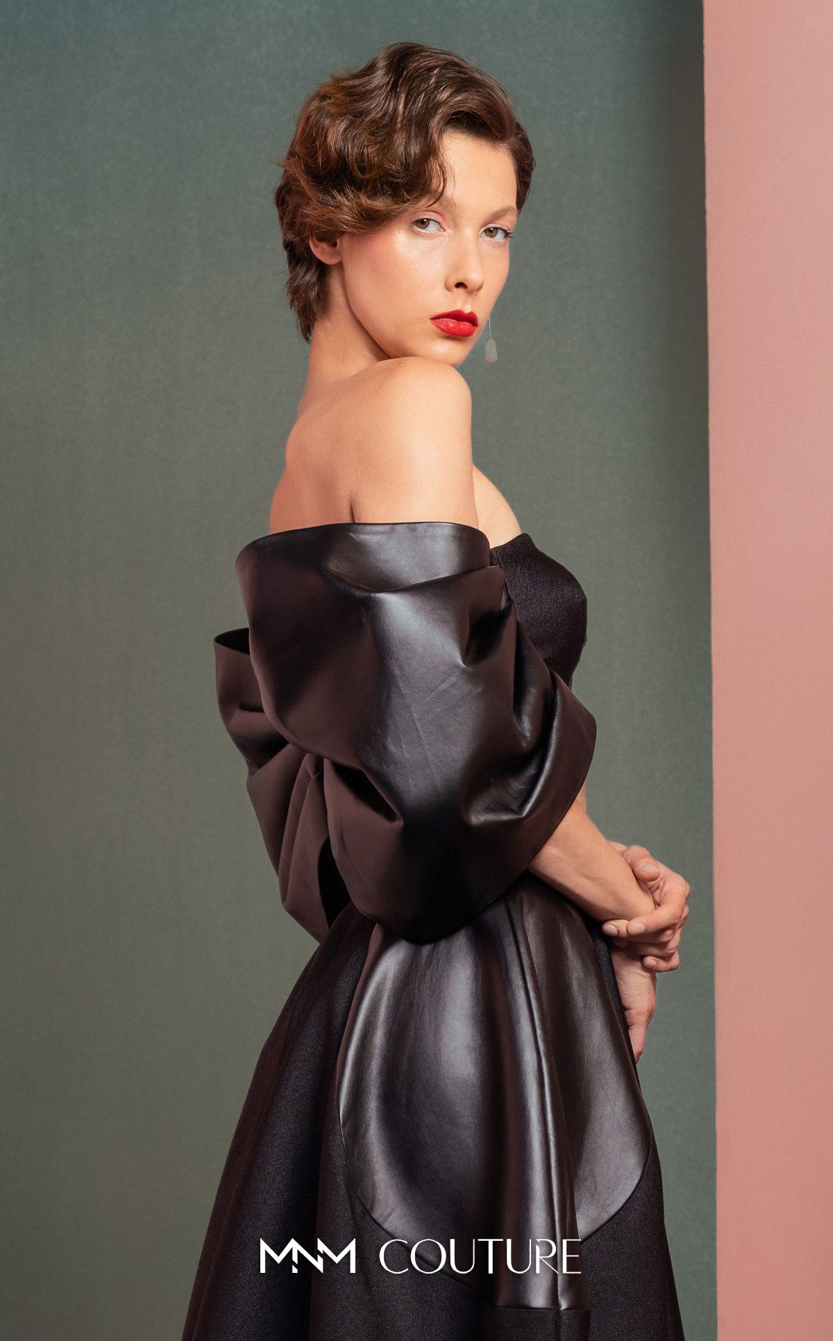 Style GOF2509 Leather Off-Shoulders Black Crop Top Mikado Piqué Skirt with Leather Inserts