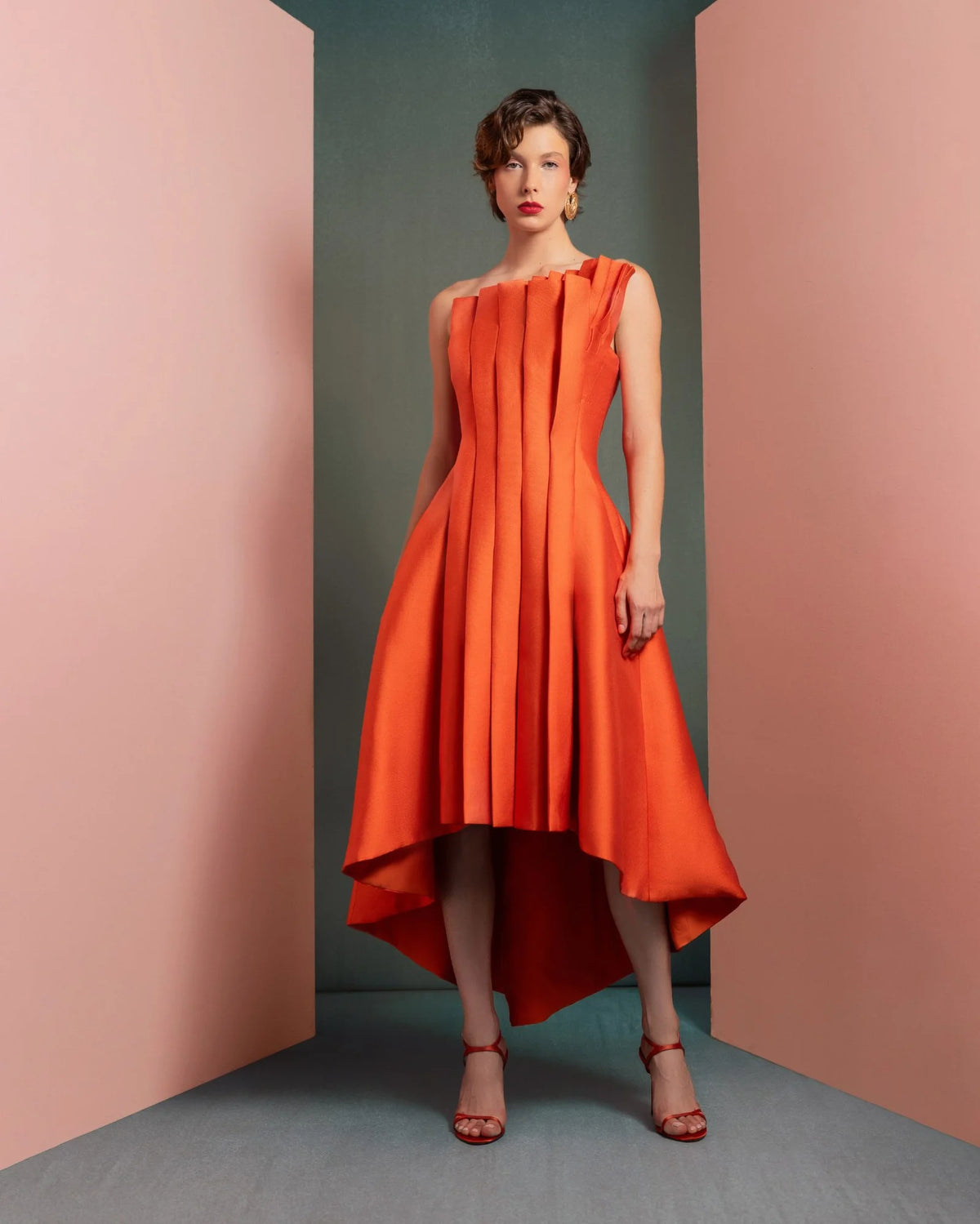 Style GOF2510 Vibrant Orange Mikado Piqué Dress with Structured Pleats