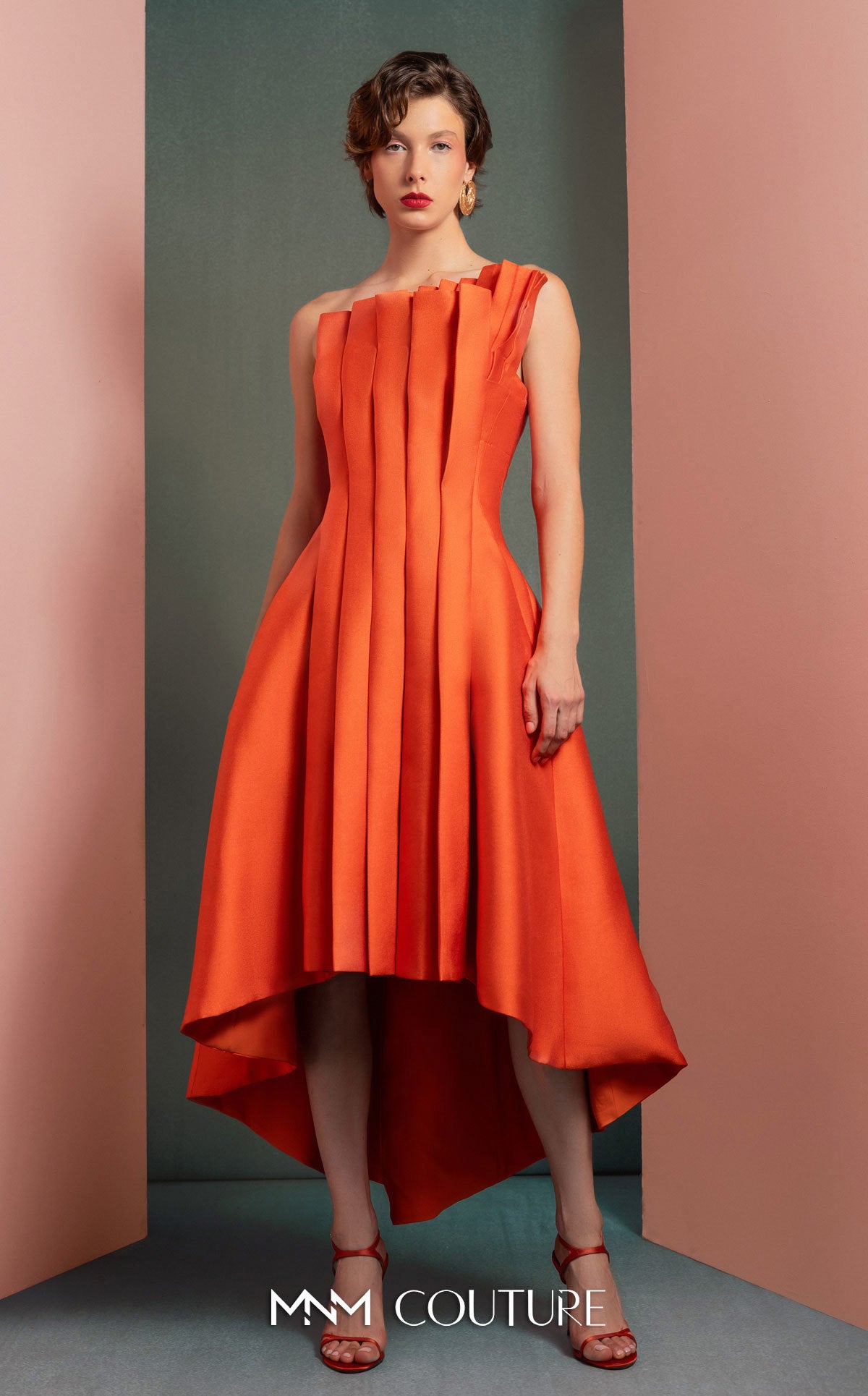 Style GOF2510 Vibrant Orange Mikado Piqué Dress with Structured Pleats