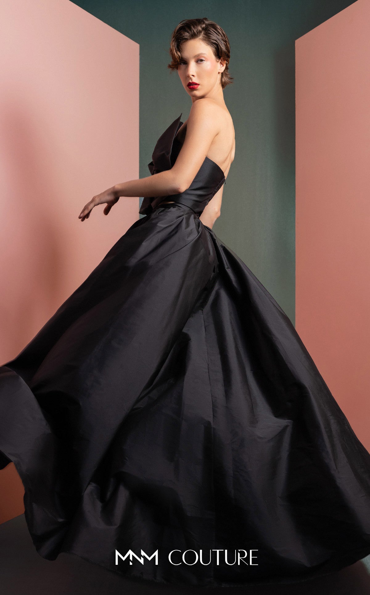 Style GOF2511 Elegant Black Taffeta Top with Statement Bow Voluminous Flowing Black Taffeta Skirt