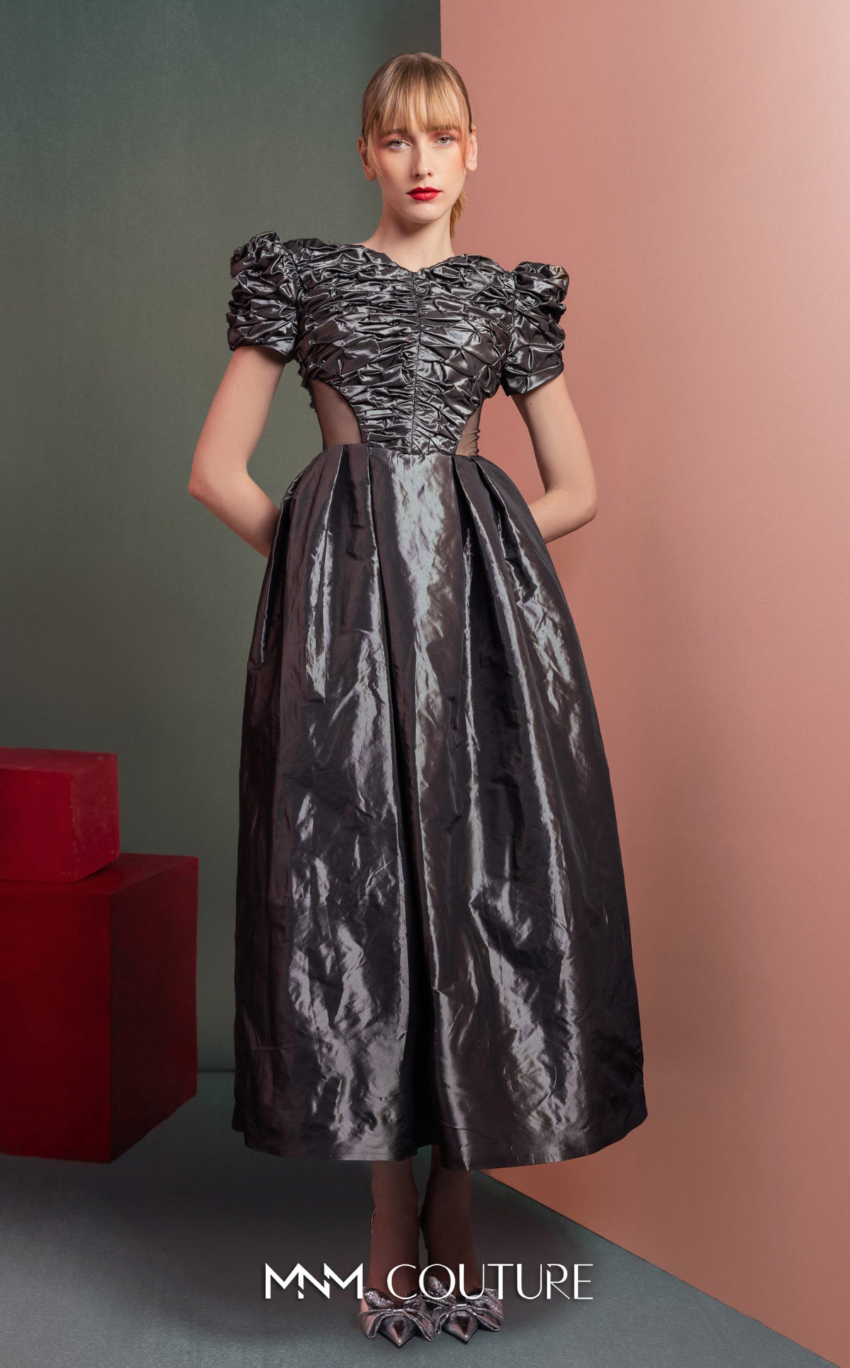 Style GOF2512 Elegant Anthracite Dress with Ruched Bodice and Puff Sleeves