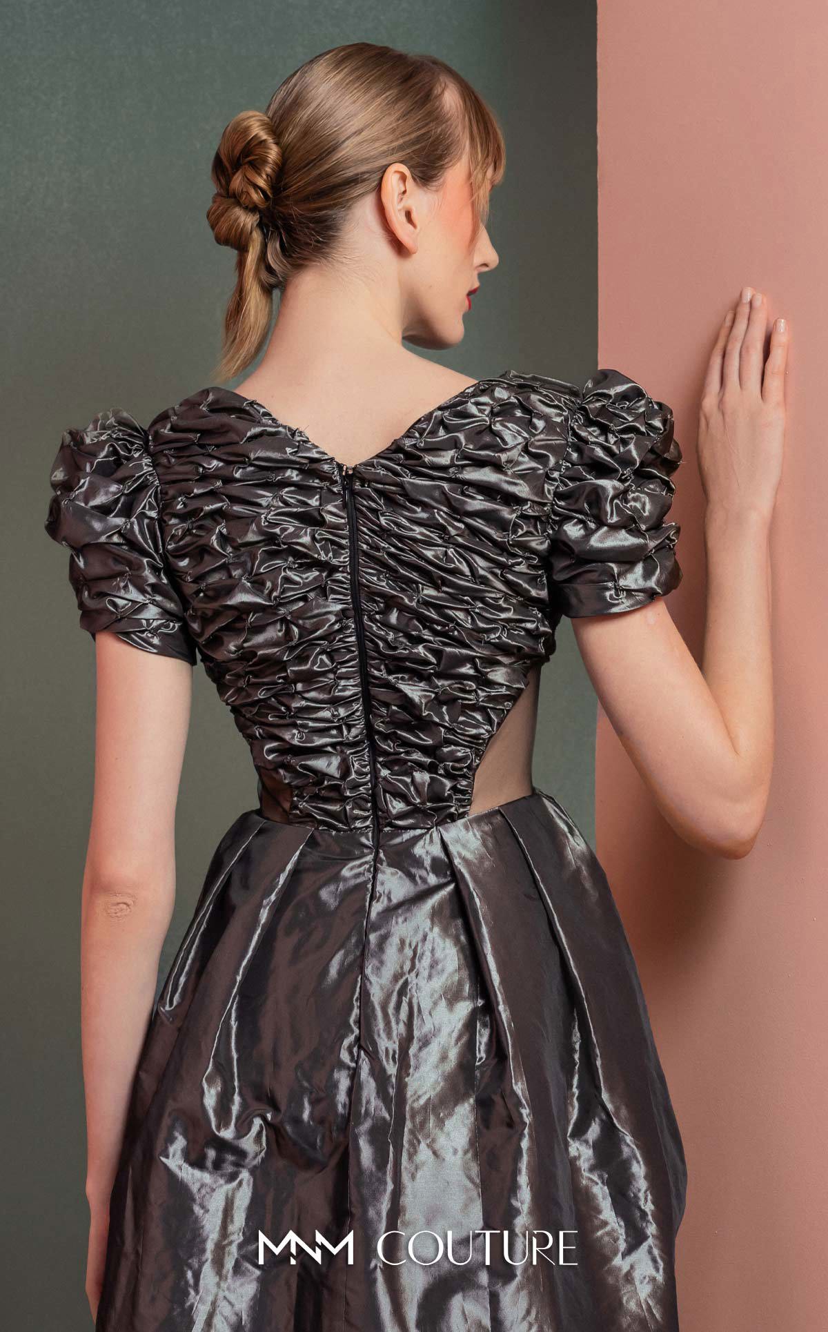 Style GOF2512 Elegant Anthracite Dress with Ruched Bodice and Puff Sleeves