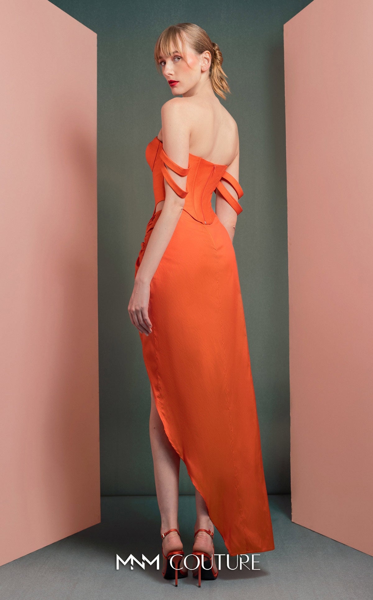 Style GOF2513 Modern Vibrant Orange Mikado Piqué Corset Draped Orange Taffeta Skirt