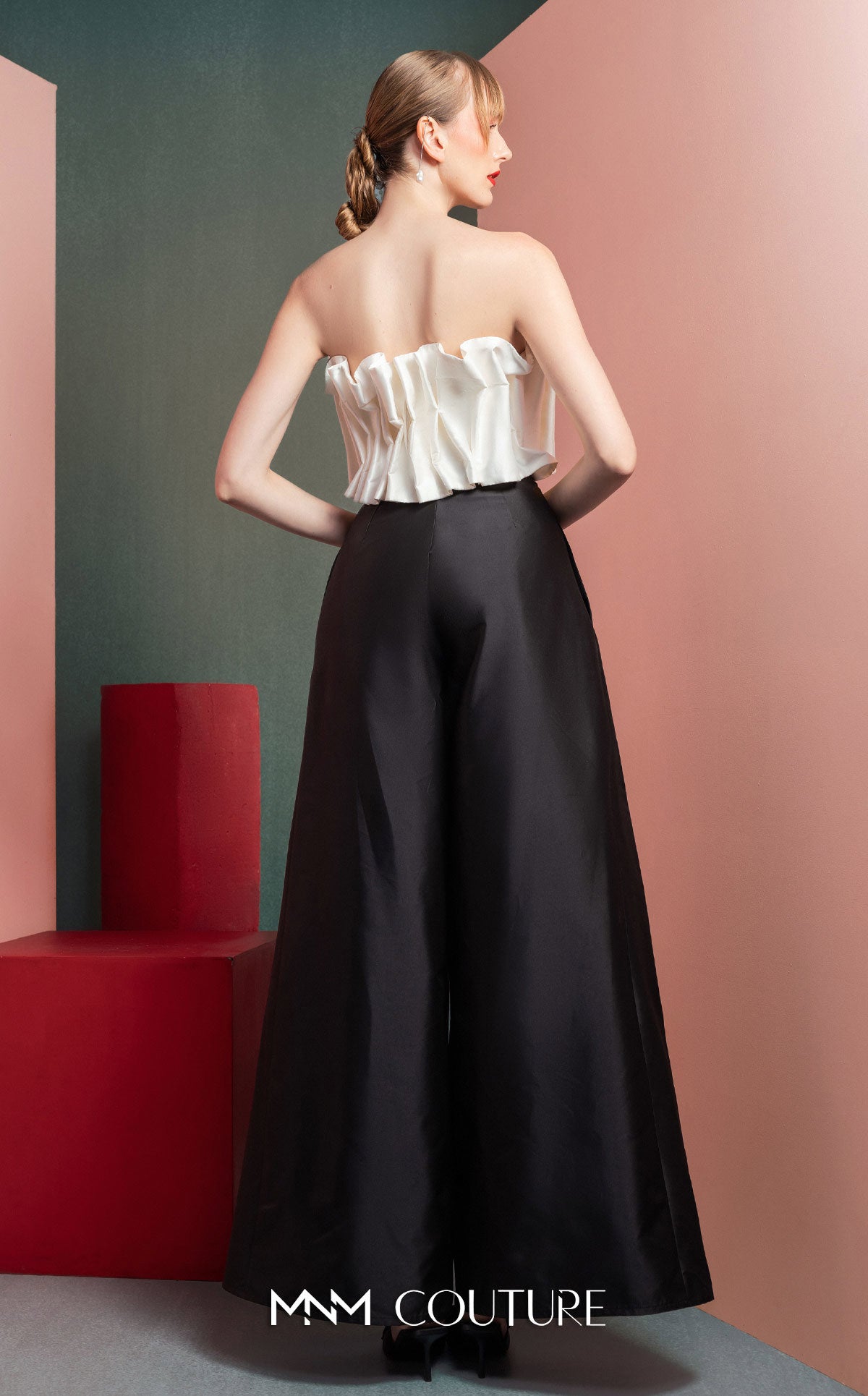Style GOF2516 White Pleated Taffeta Crop Top Wide-Leg Taffeta Pants