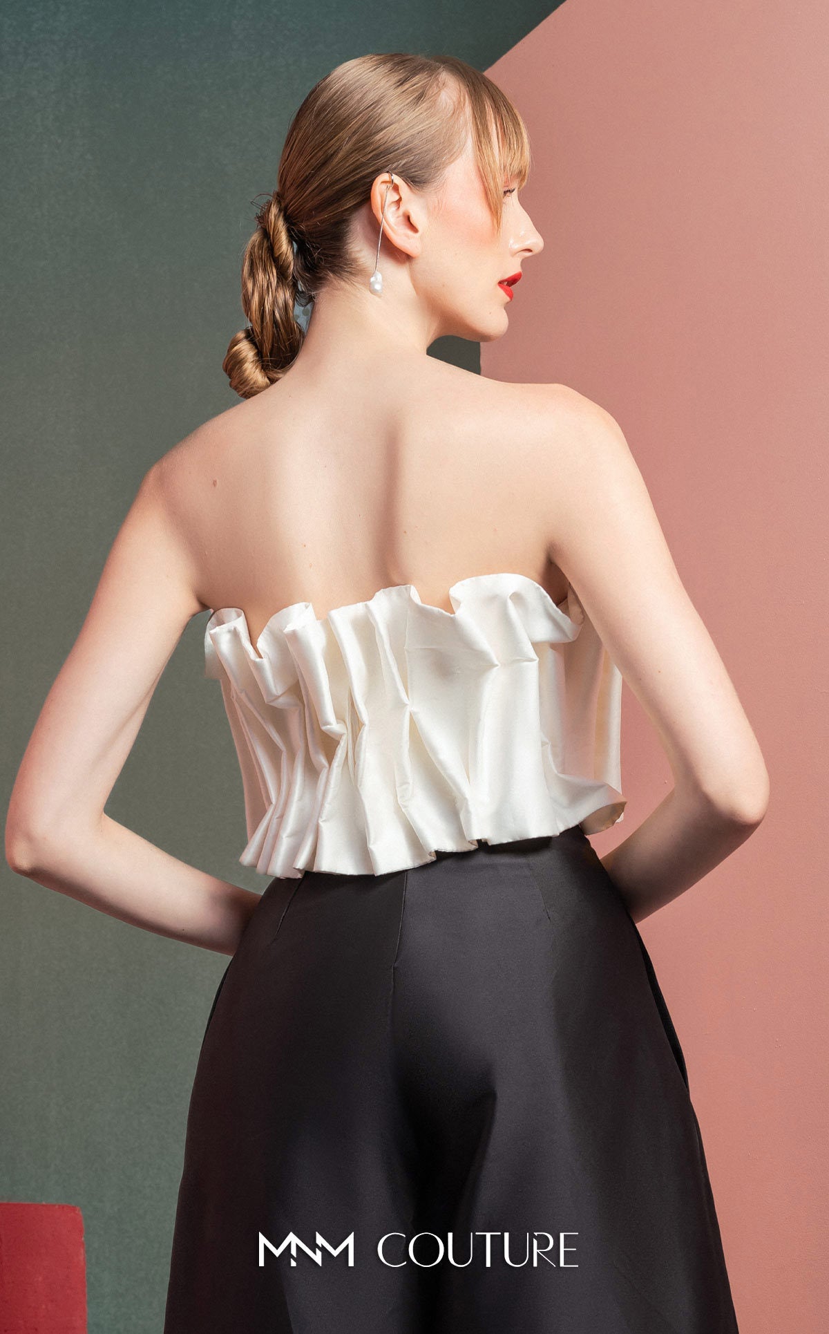 Style GOF2516 White Pleated Taffeta Crop Top Wide-Leg Taffeta Pants