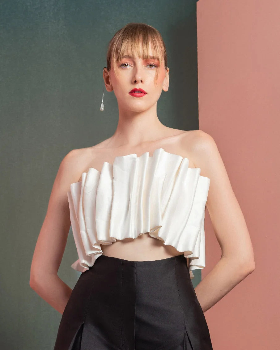 Style GOF2516 White Pleated Taffeta Crop Top Wide-Leg Taffeta Pants
