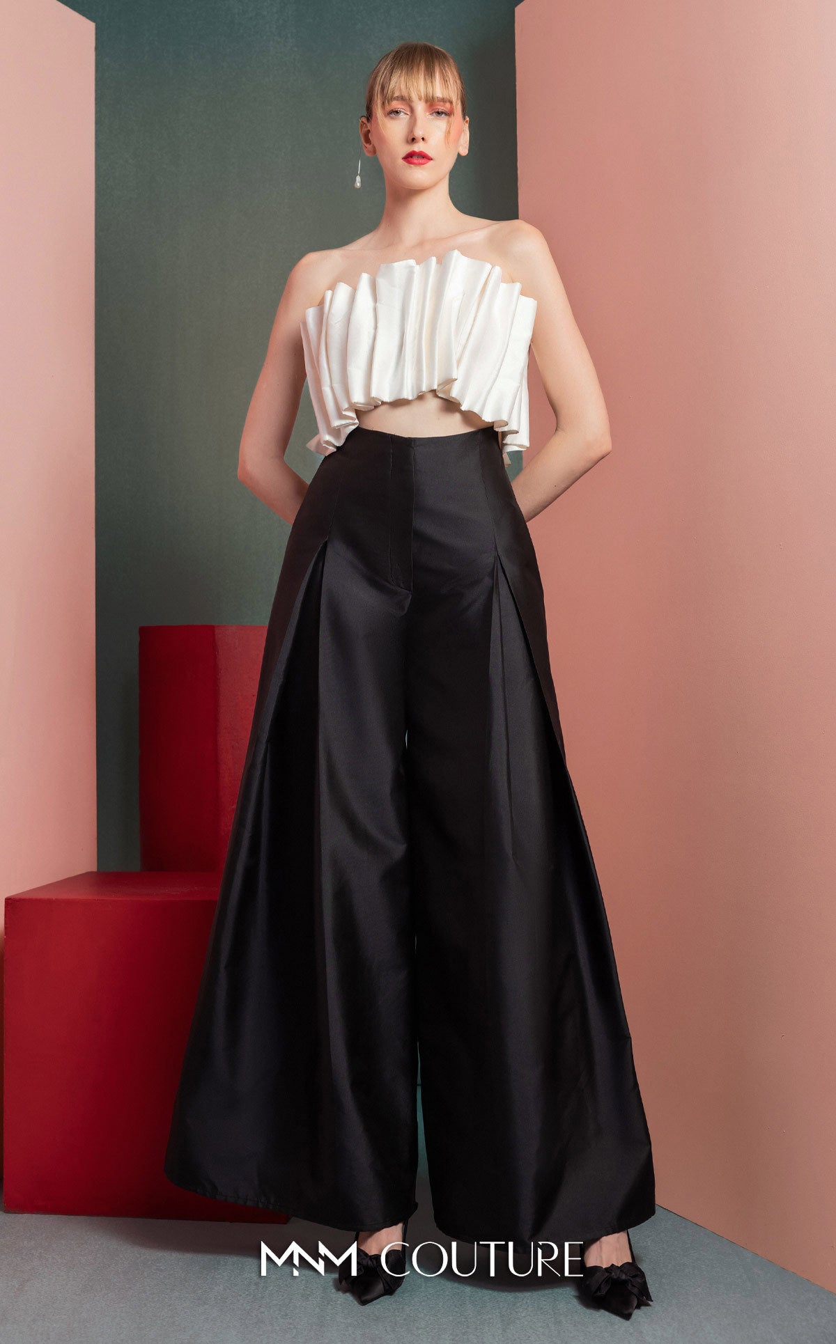 Style GOF2516 White Pleated Taffeta Crop Top Wide-Leg Taffeta Pants
