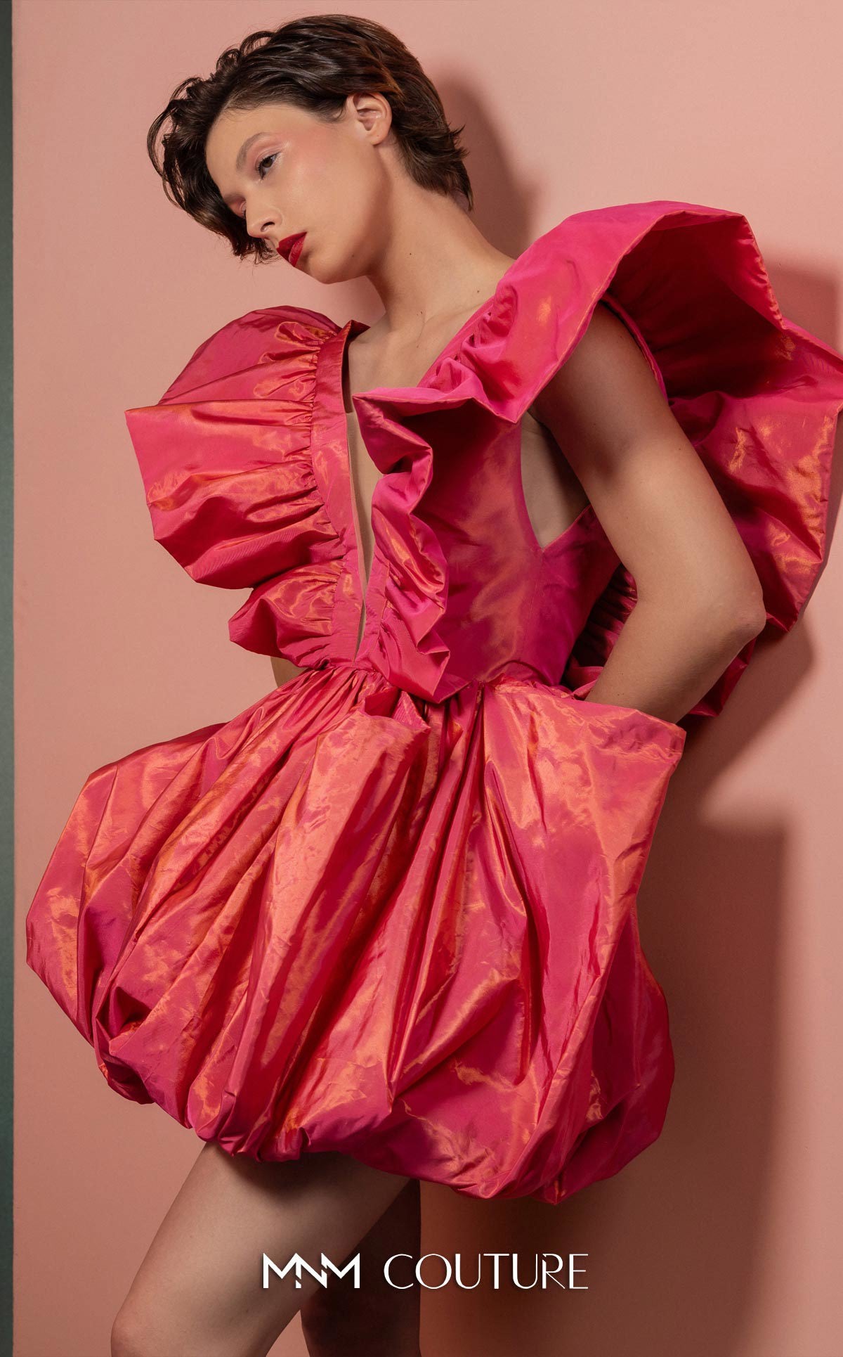 Style GOF2518 Plunging Ruffles in Metallic Coral Taffeta Party Dress