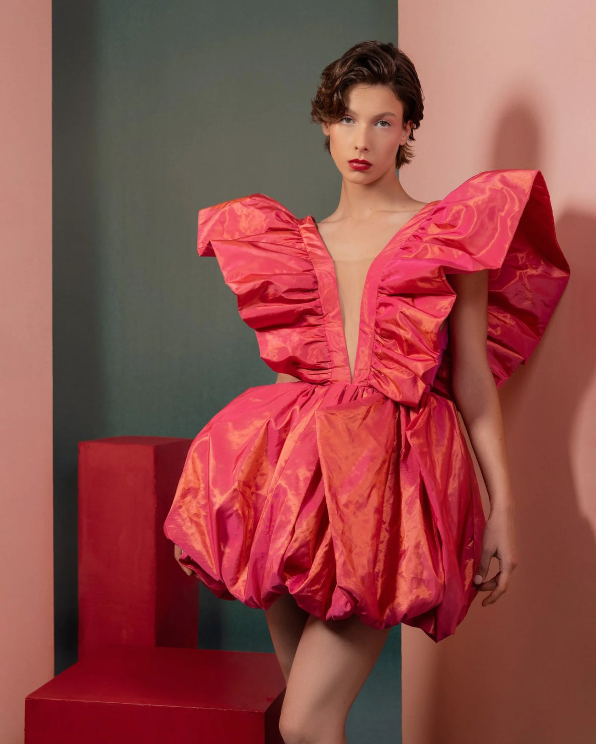 Style GOF2518 Plunging Ruffles in Metallic Coral Taffeta Party Dress