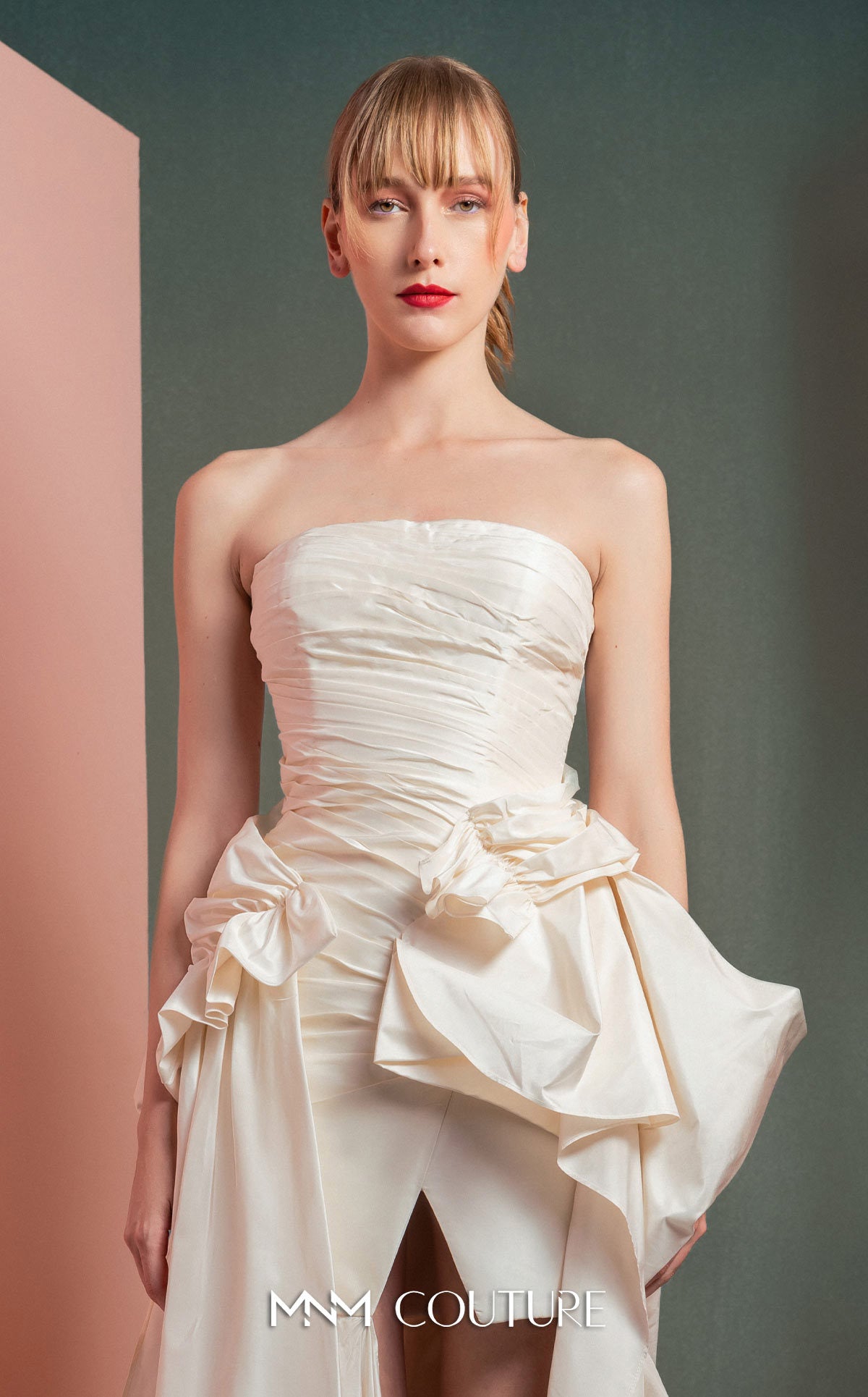 Style GOF2519 Strapless Asymmetrical Taffeta Dress with Ruffle Accents
