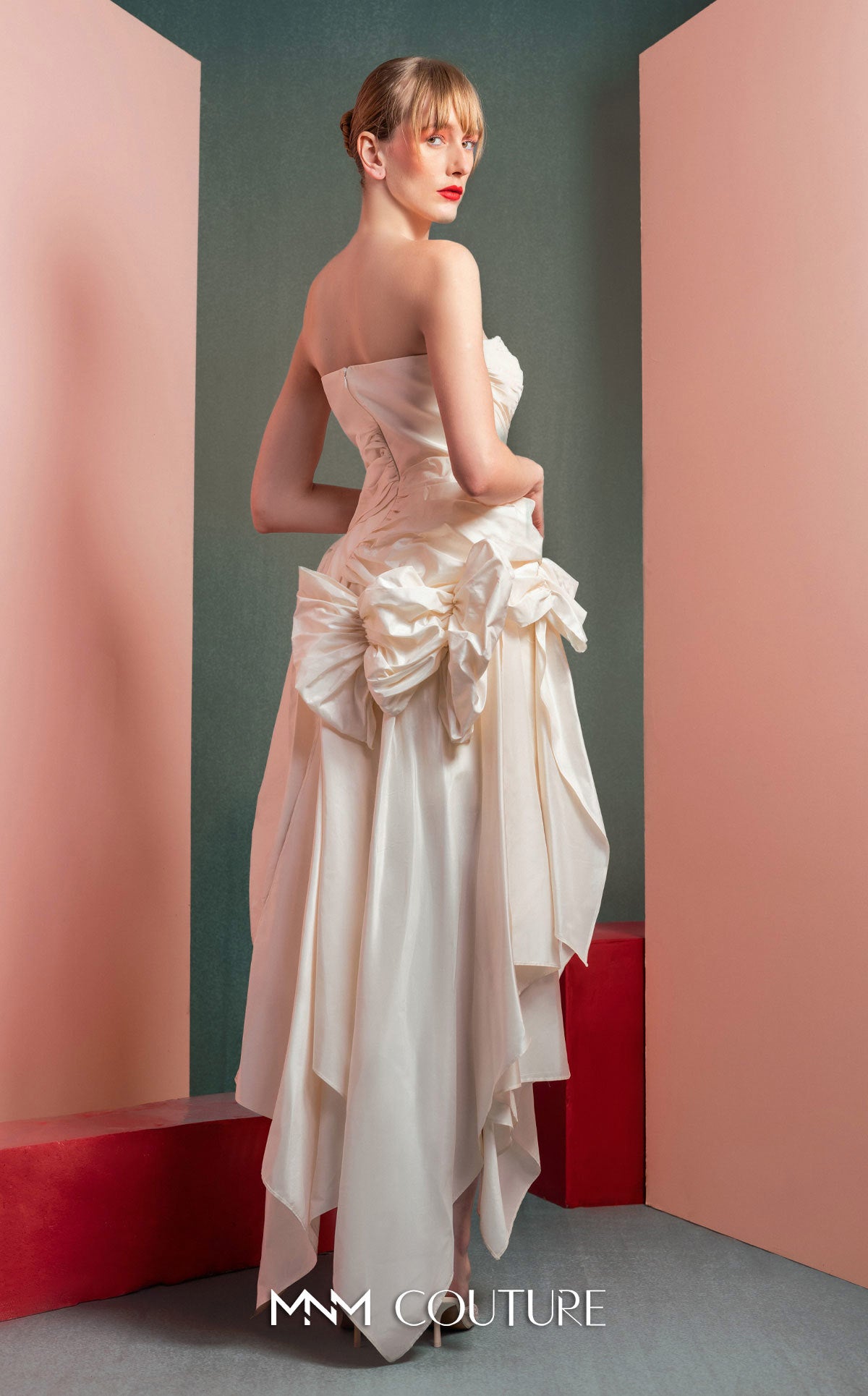 Style GOF2519 Strapless Asymmetrical Taffeta Dress with Ruffle Accents