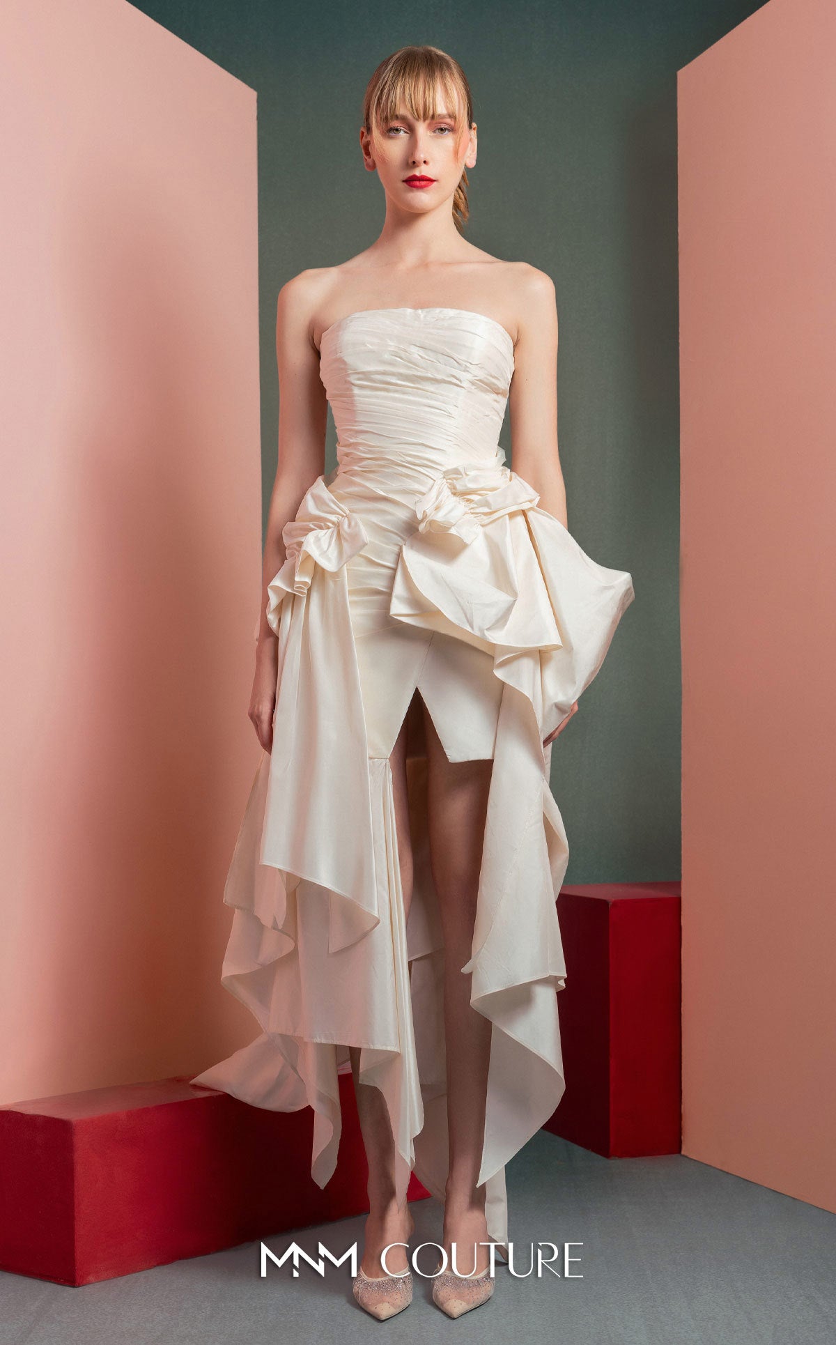 Style GOF2519 Strapless Asymmetrical Taffeta Dress with Ruffle Accents