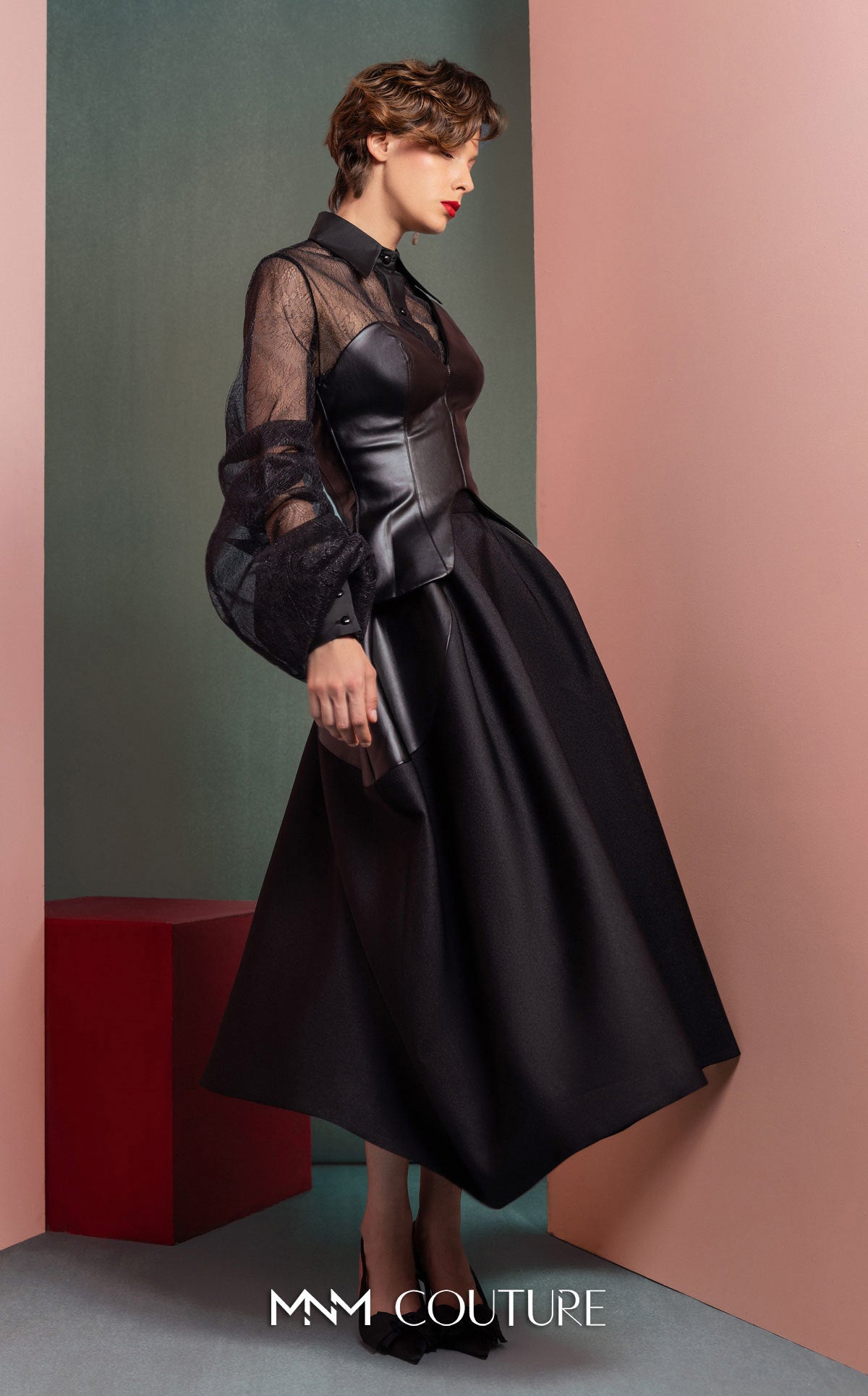 Style GOF2520 One-Shoulder Leather Top Mikado Piqué Skirt with Leather Inserts