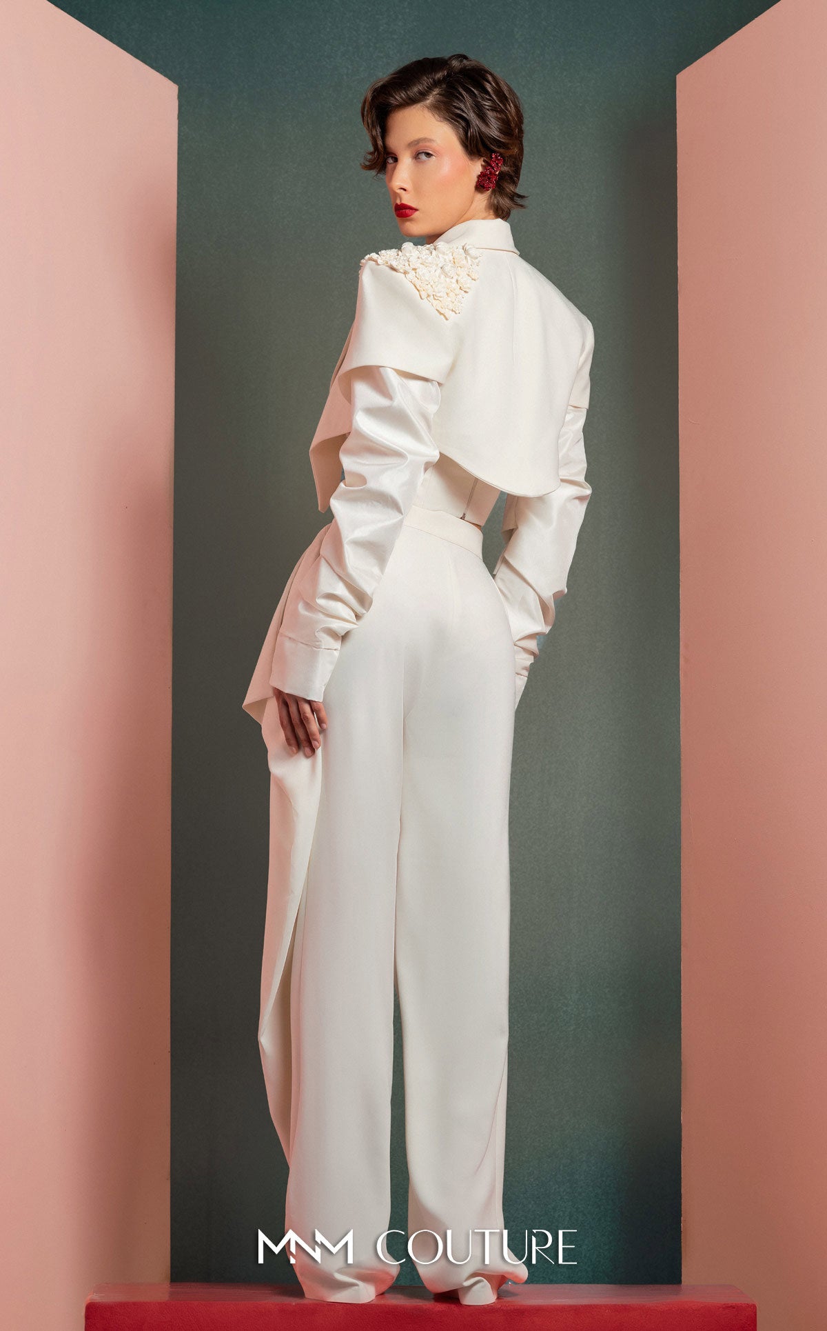 Style GOF2522 Ruched Sleeves Asymmetrical Crop Jacket with Floral Detailing Floral Detailing Corset High-Waisted Pants