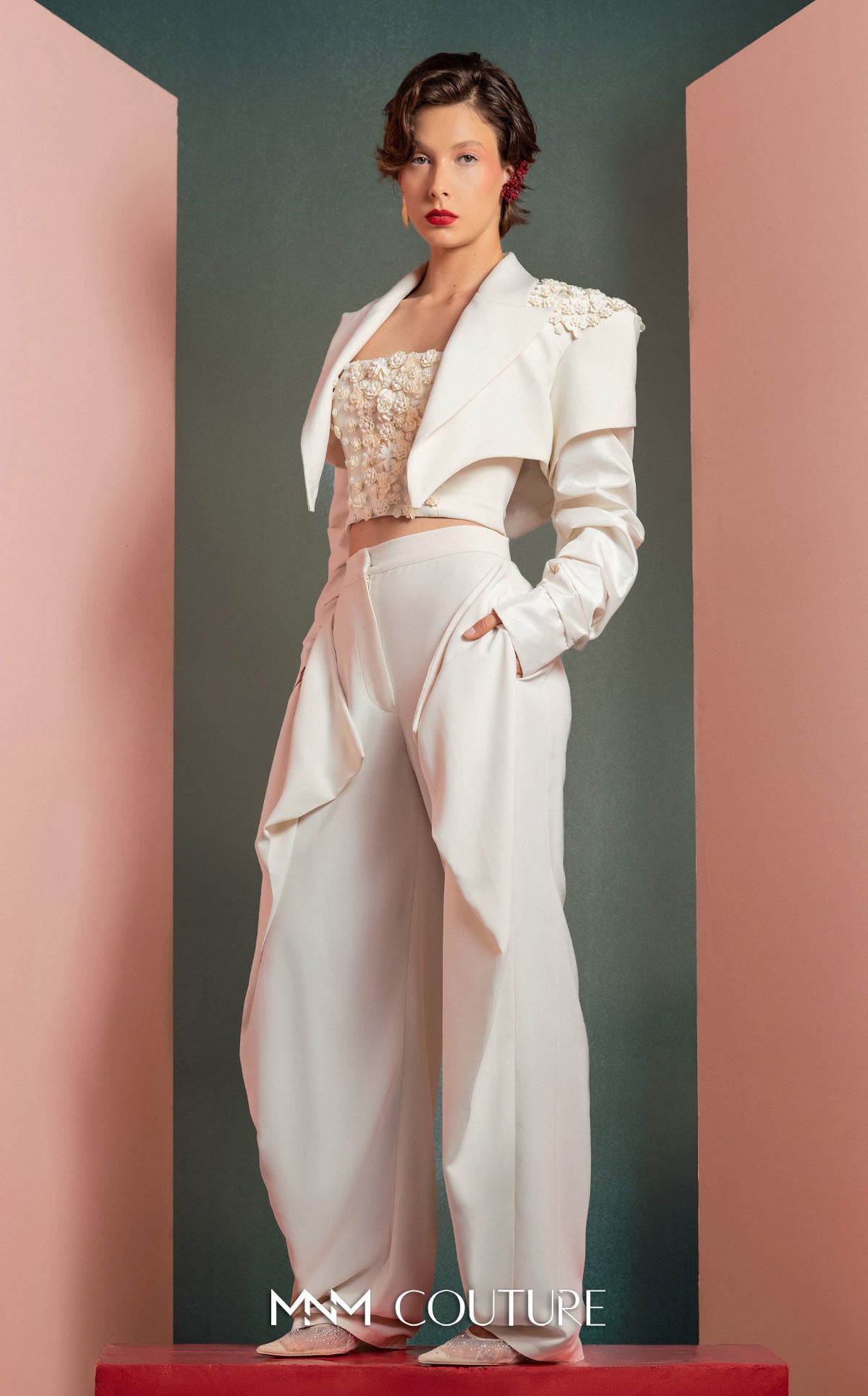 Style GOF2522 Ruched Sleeves Asymmetrical Crop Jacket with Floral Detailing Floral Detailing Corset High-Waisted Pants