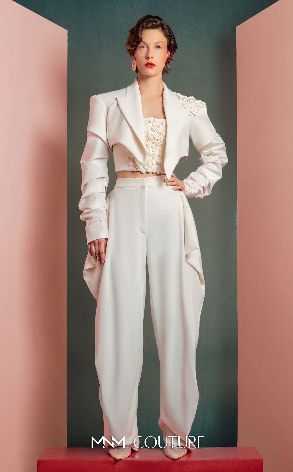 Style GOF2522 Ruched Sleeves Asymmetrical Crop Jacket with Floral Detailing Floral Detailing Corset High-Waisted Pants