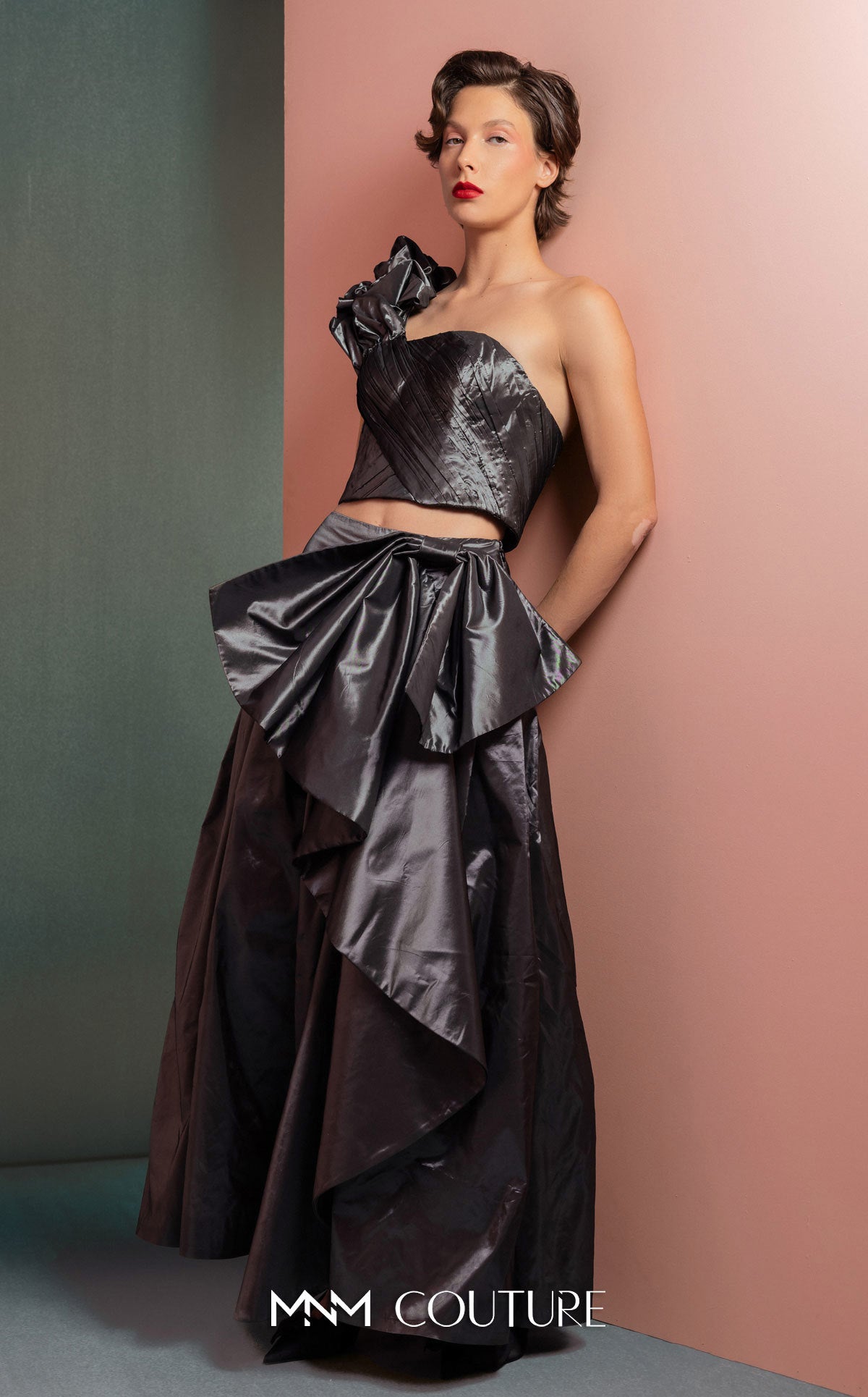 Style GOF2524 Manipulated One-Shoulder Metallic Taffeta Top High-Waisted Metallic Taffeta Skirt