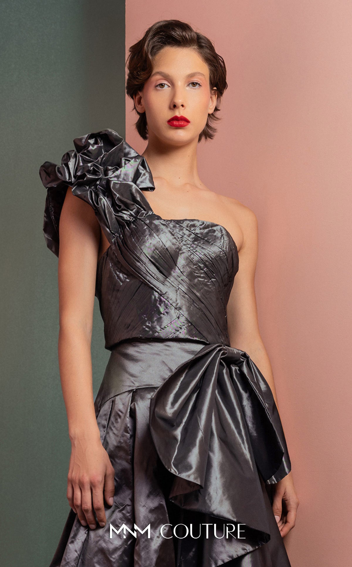 Style GOF2524 Manipulated One-Shoulder Metallic Taffeta Top High-Waisted Metallic Taffeta Skirt