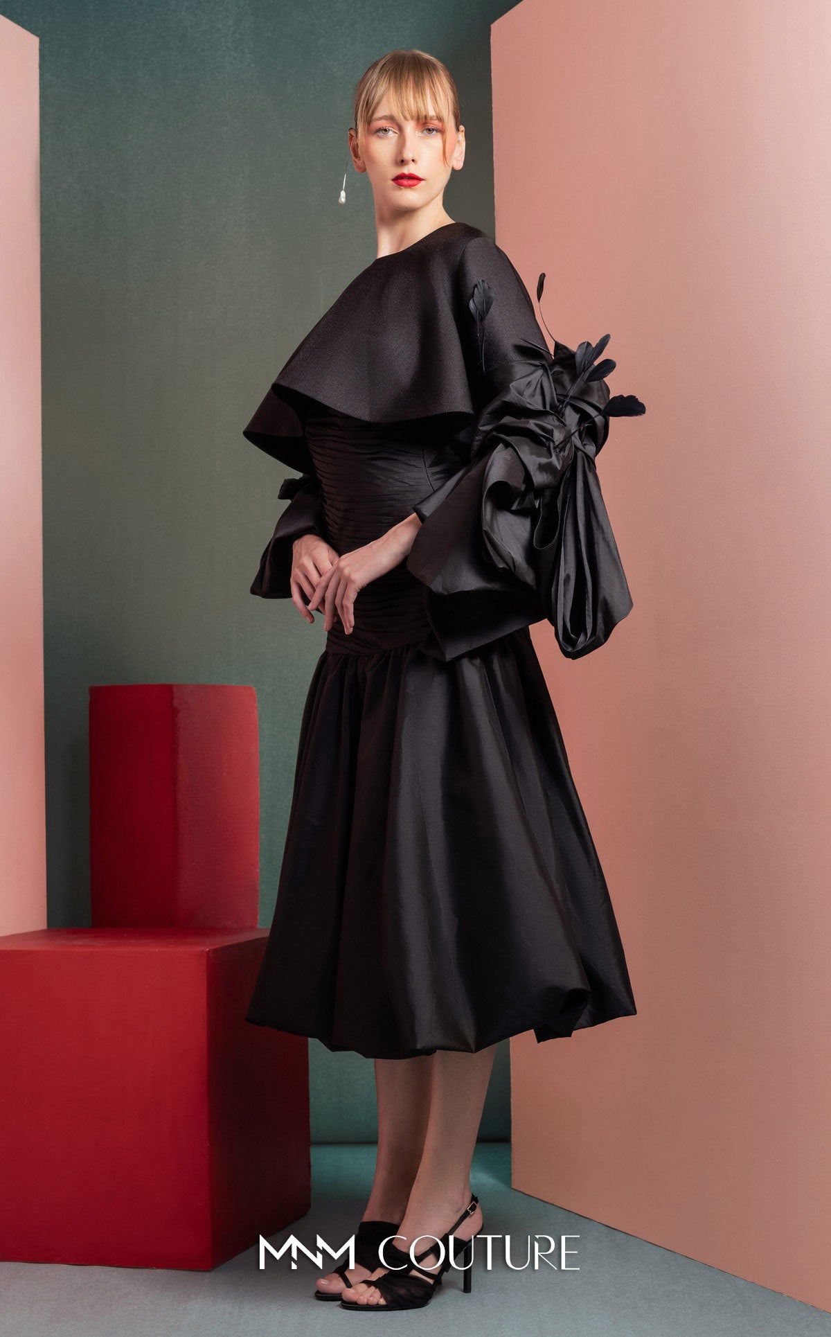 Style GOF2525 Sophisticated Taffeta Bodice Dress with Glamorous Draping Black Gala Feathered Bolero Sleeves