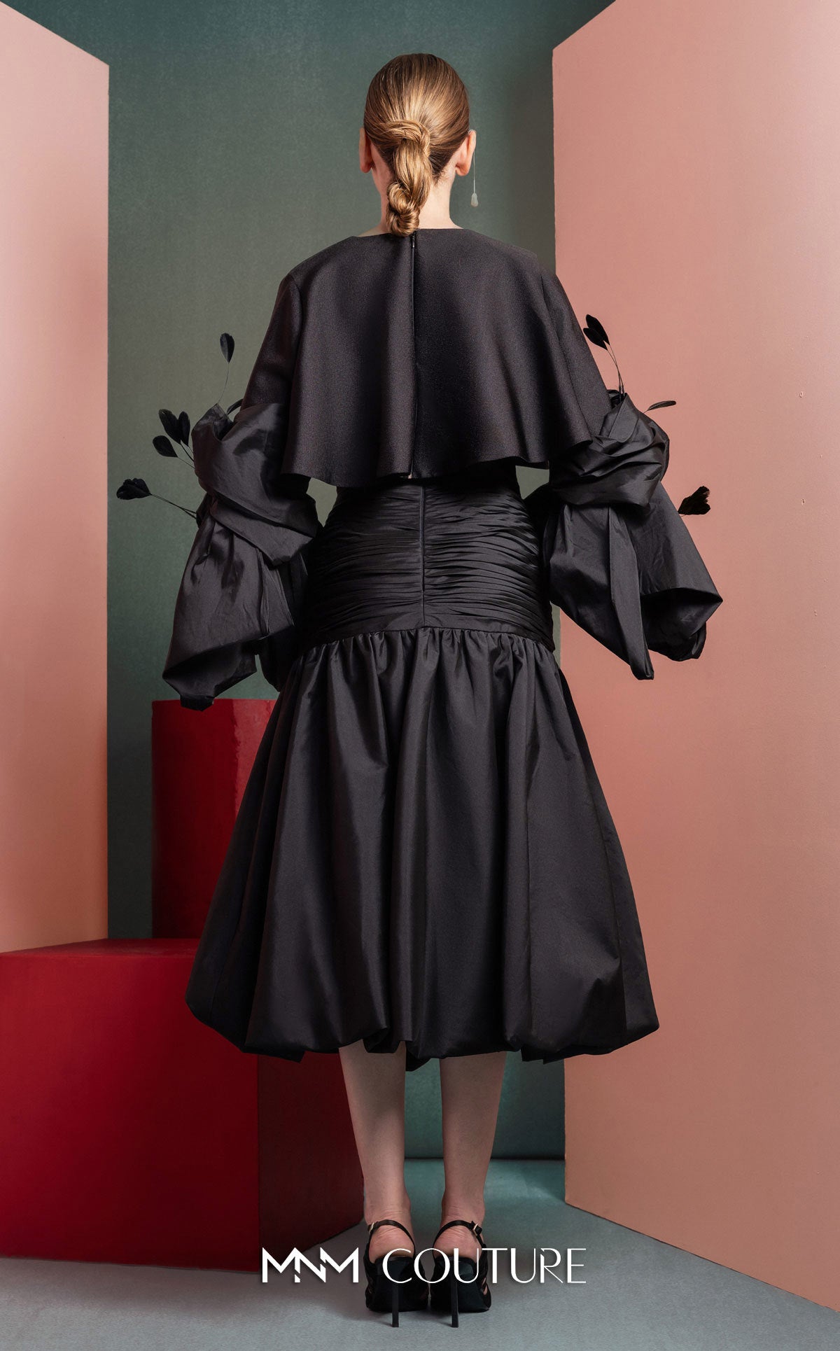 Style GOF2525 Sophisticated Taffeta Bodice Dress with Glamorous Draping Black Gala Feathered Bolero Sleeves