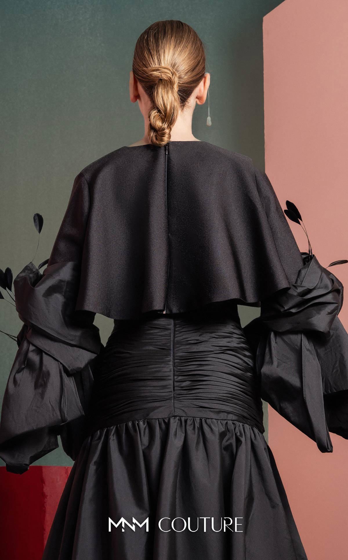 Style GOF2525 Sophisticated Taffeta Bodice Dress with Glamorous Draping Black Gala Feathered Bolero Sleeves