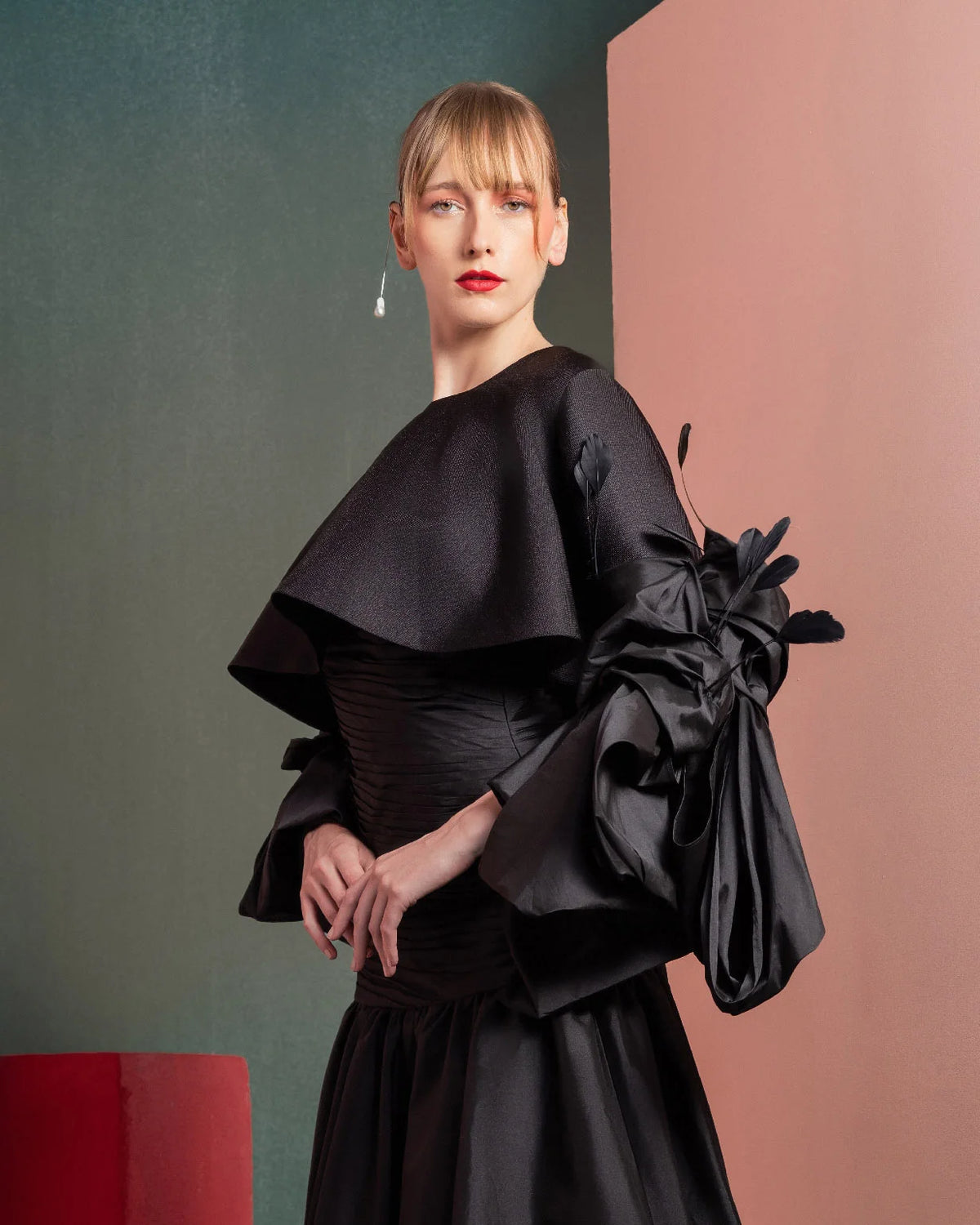 Style GOF2525 Sophisticated Taffeta Bodice Dress with Glamorous Draping Black Gala Feathered Bolero Sleeves