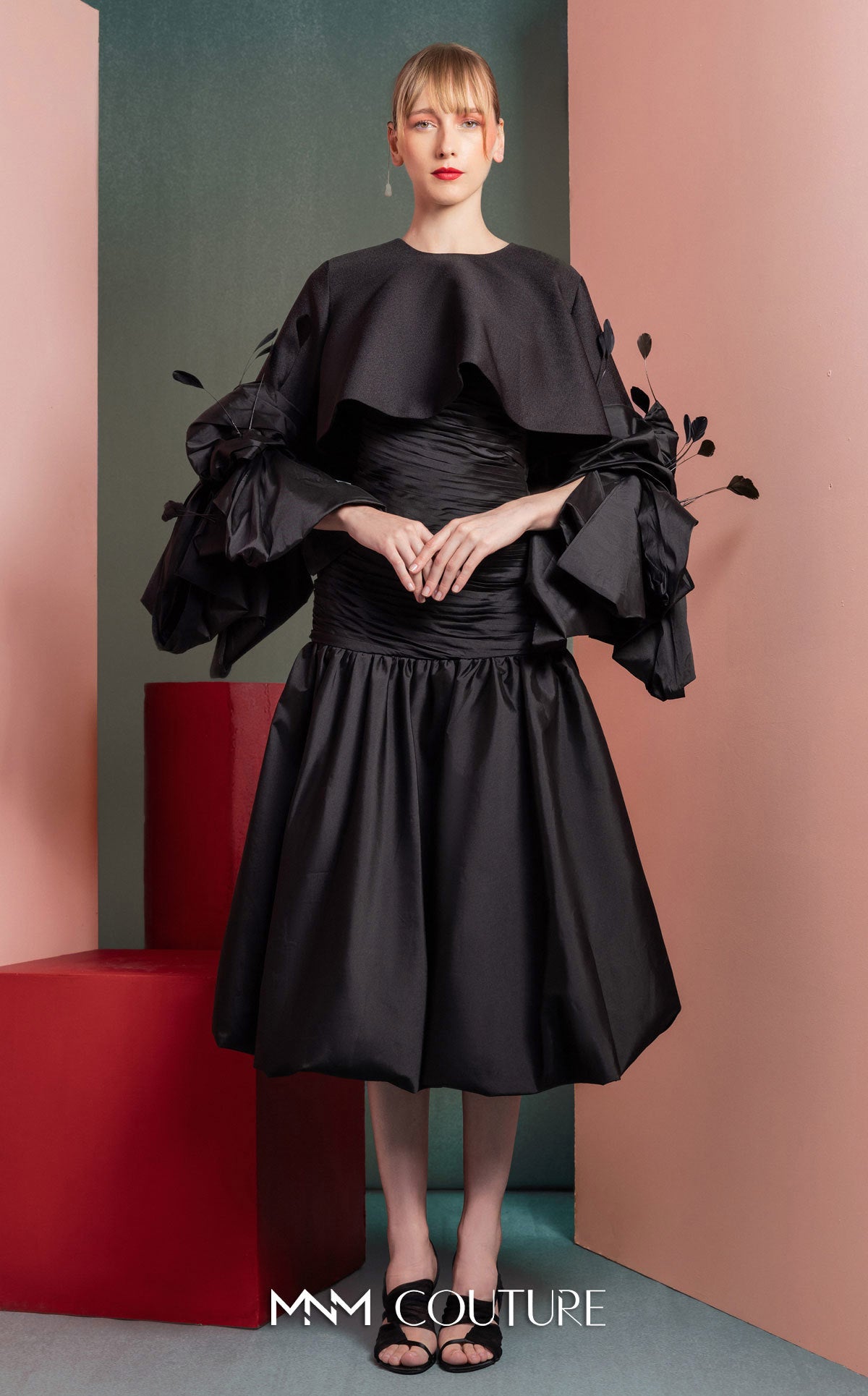 Style GOF2525 Sophisticated Taffeta Bodice Dress with Glamorous Draping Black Gala Feathered Bolero Sleeves