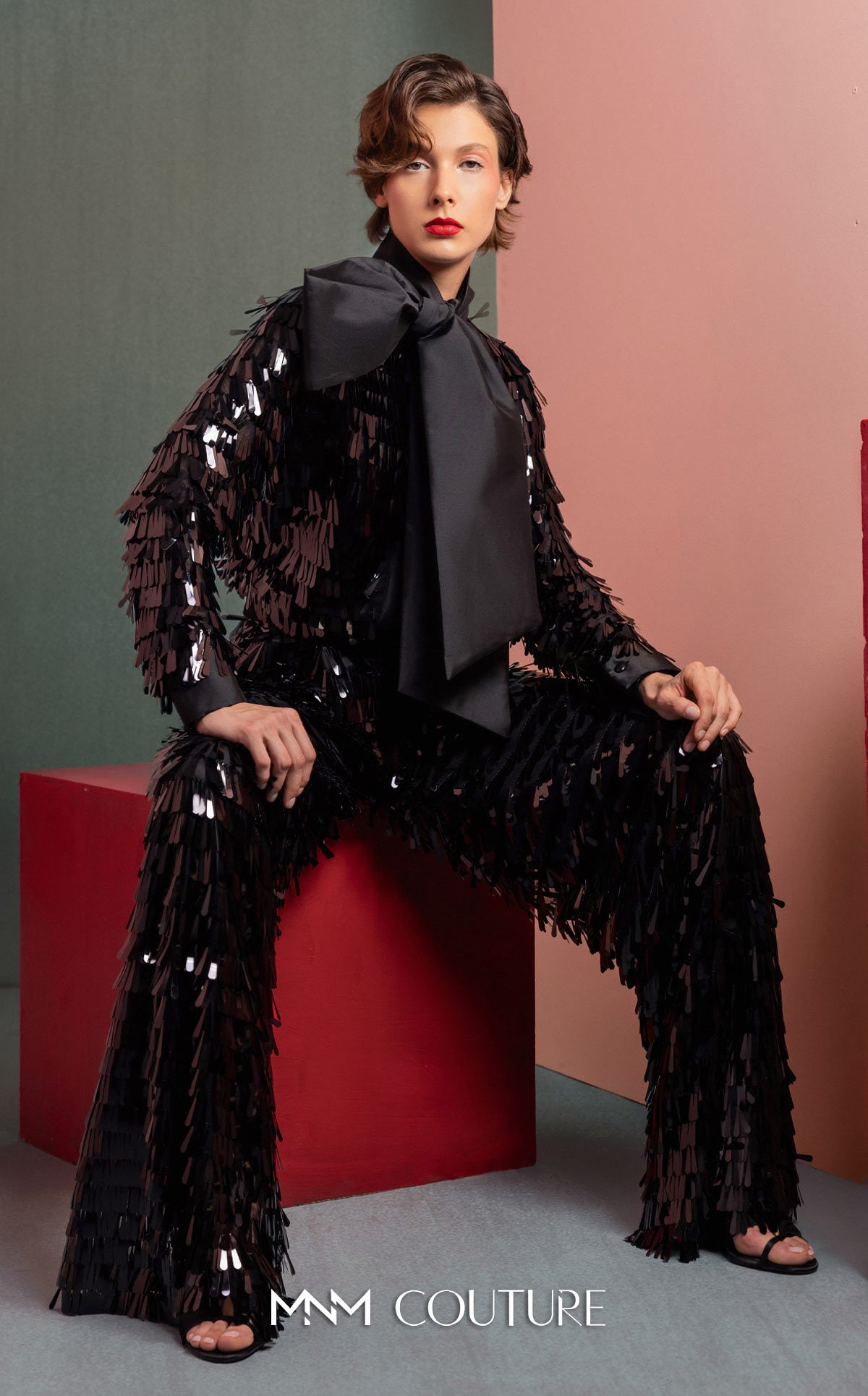 Style GOF2526 Glamorous Sequin Blouse with Oversized Bow Flared Black Sequin Pants