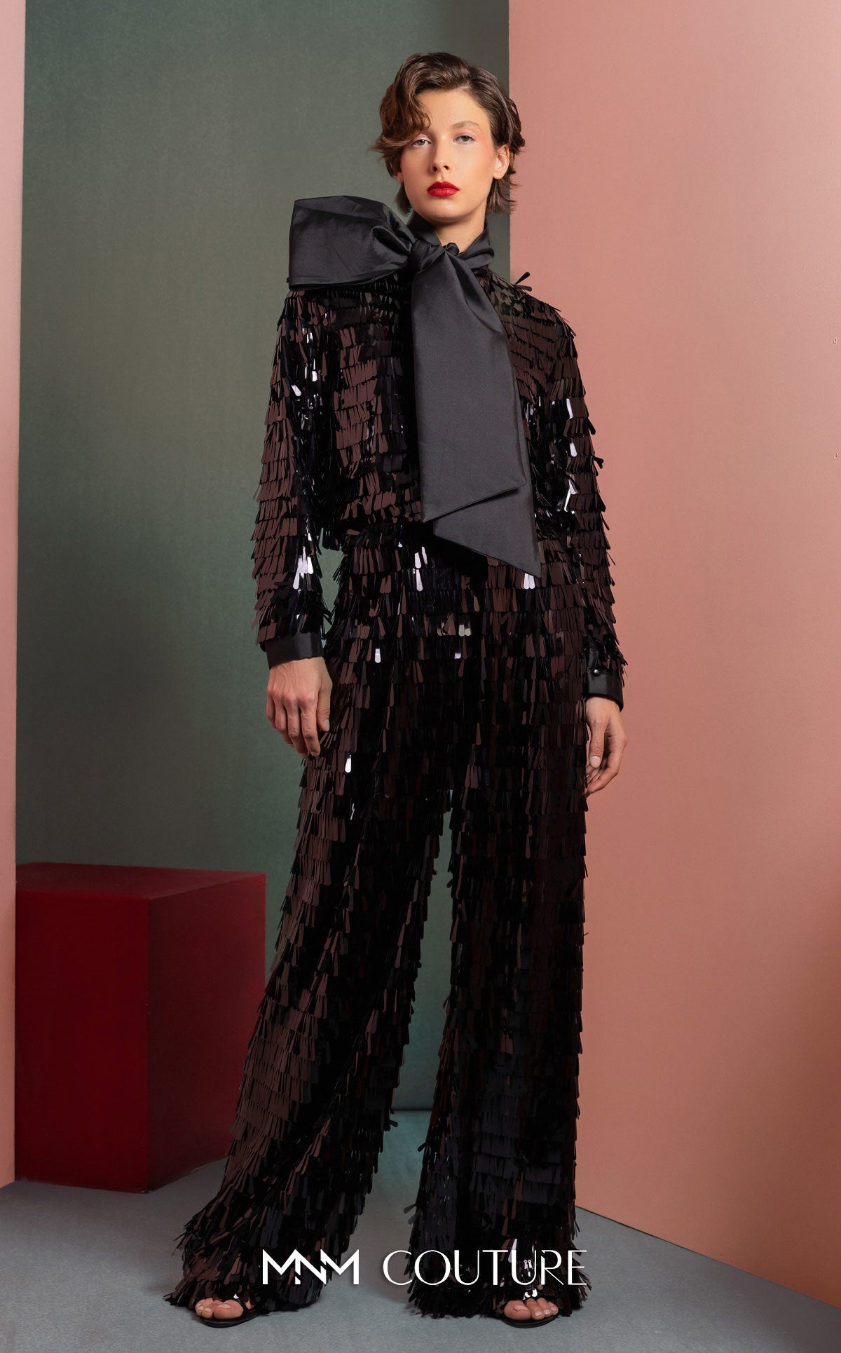 Style GOF2526 Glamorous Sequin Blouse with Oversized Bow Flared Black Sequin Pants