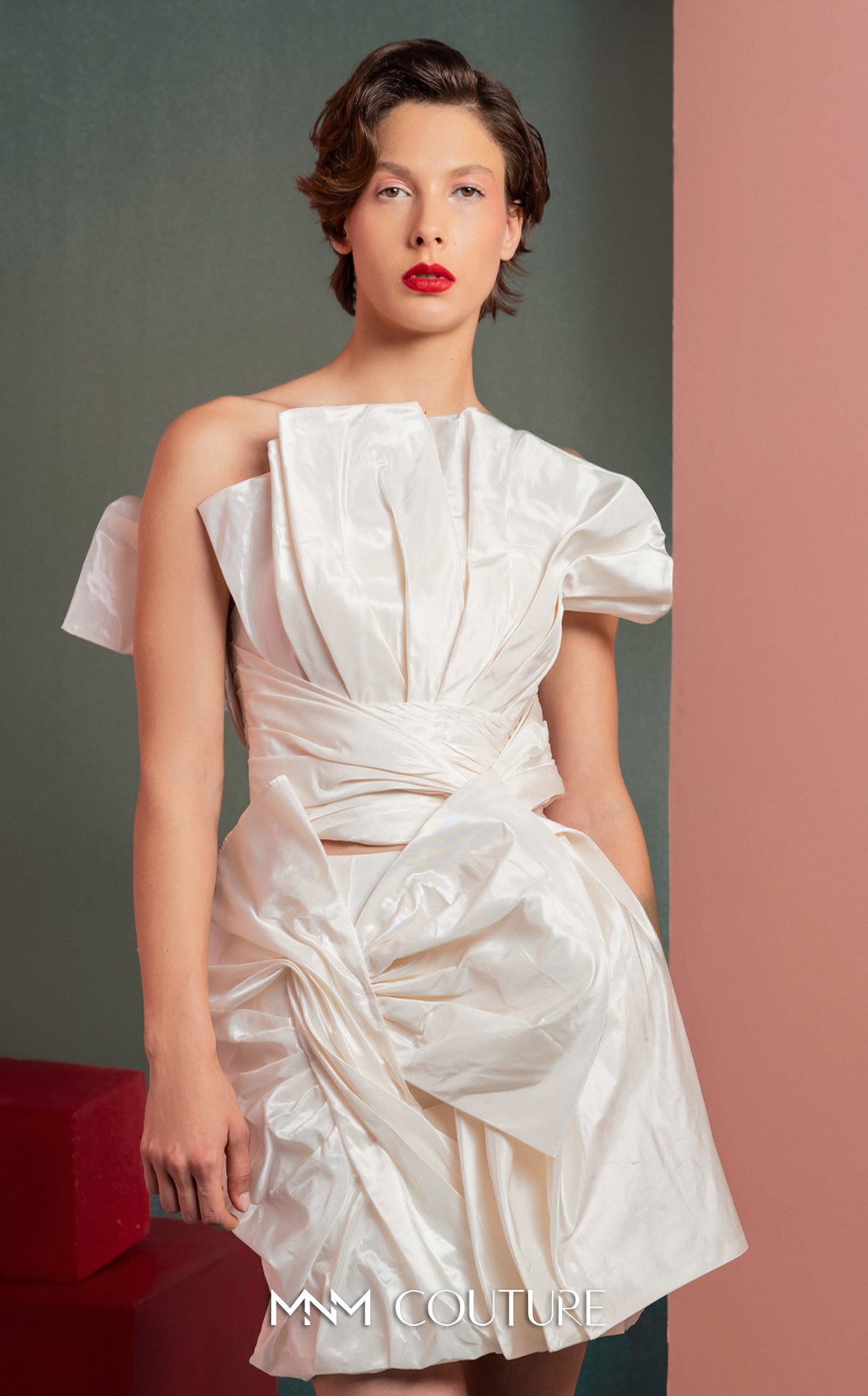 Style GOF2527 Refined Twist in Pearly Off-White Taffeta Top Mini Skirt