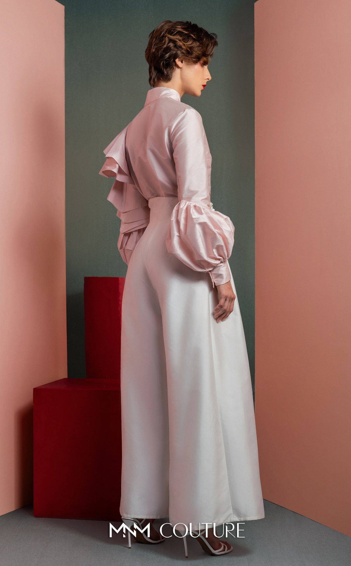 Style GOF2529 Ruffled Sleeves Taffeta Blouse in Soft Pink Wide-Legs White Taffeta Pants