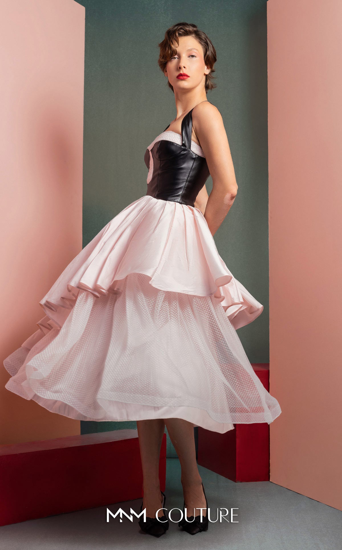 Style GOF2530 Modern Pink Midi Dress with Leather Bodice