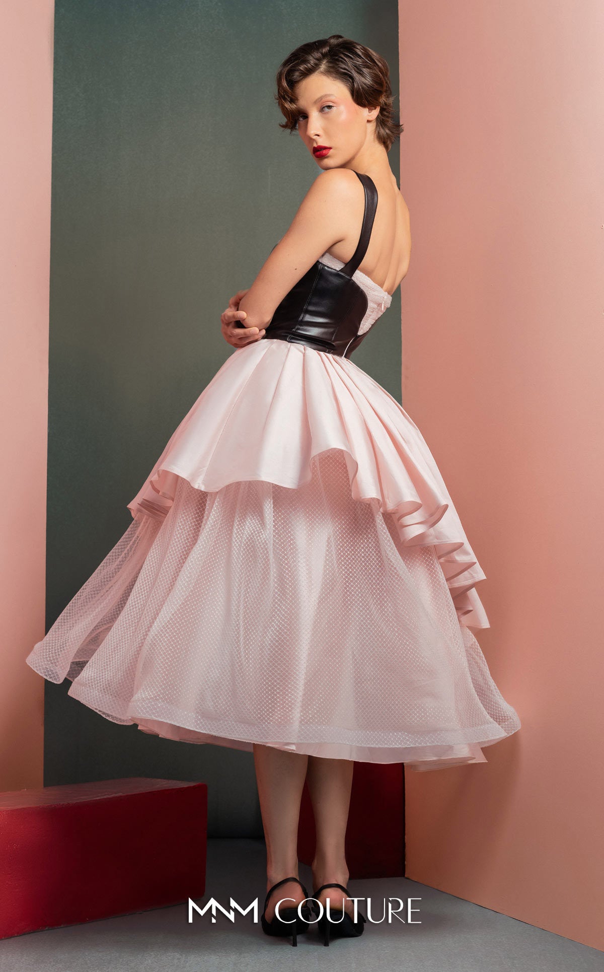 Style GOF2530 Modern Pink Midi Dress with Leather Bodice
