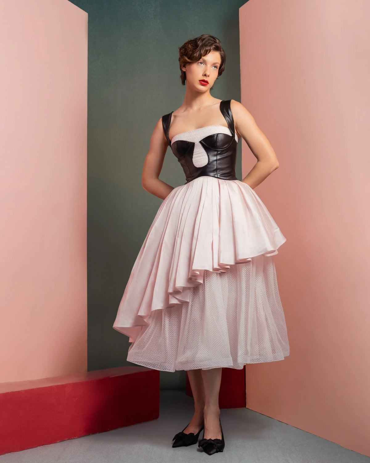 Style GOF2530 Modern Pink Midi Dress with Leather Bodice