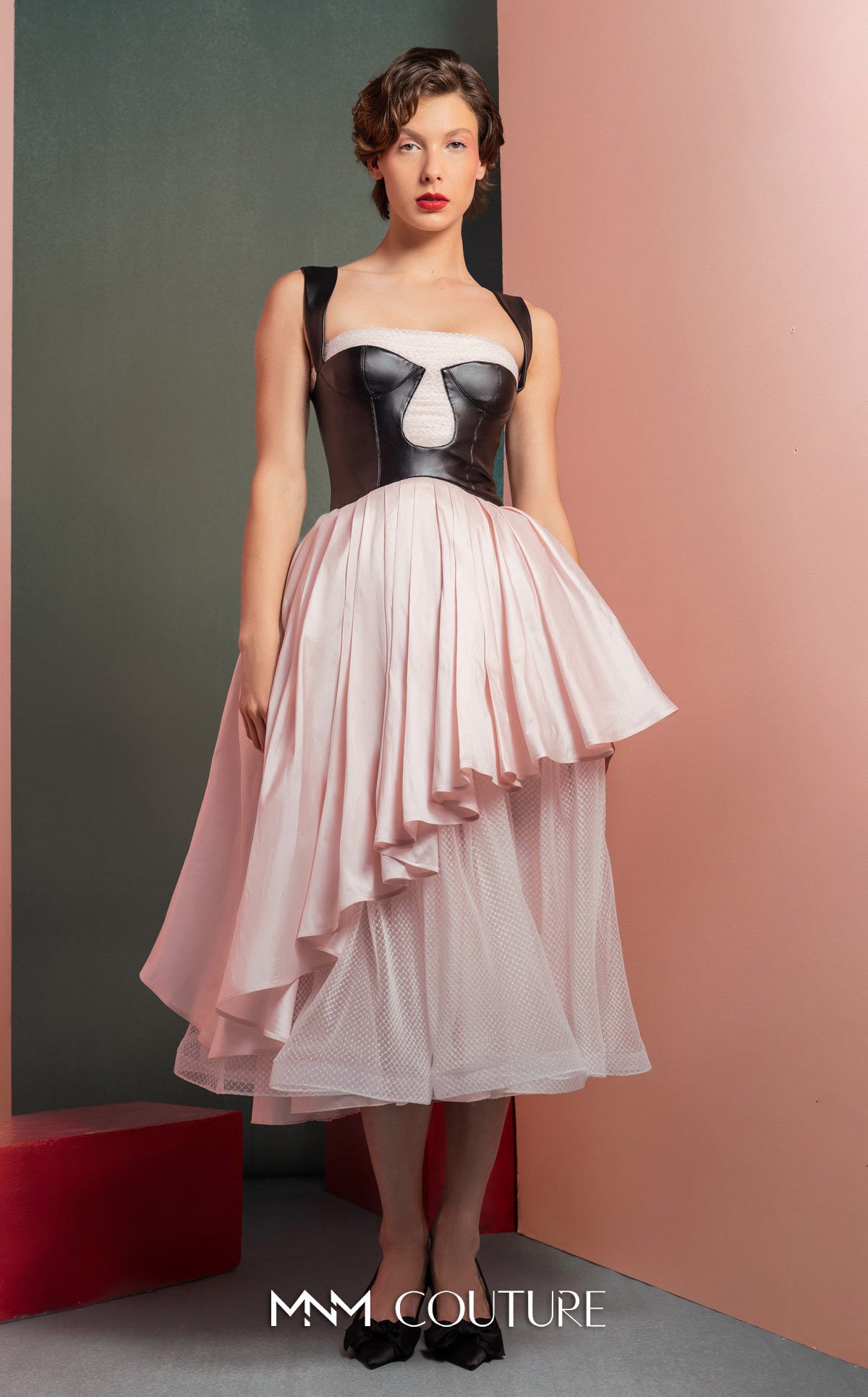 Style GOF2530 Modern Pink Midi Dress with Leather Bodice