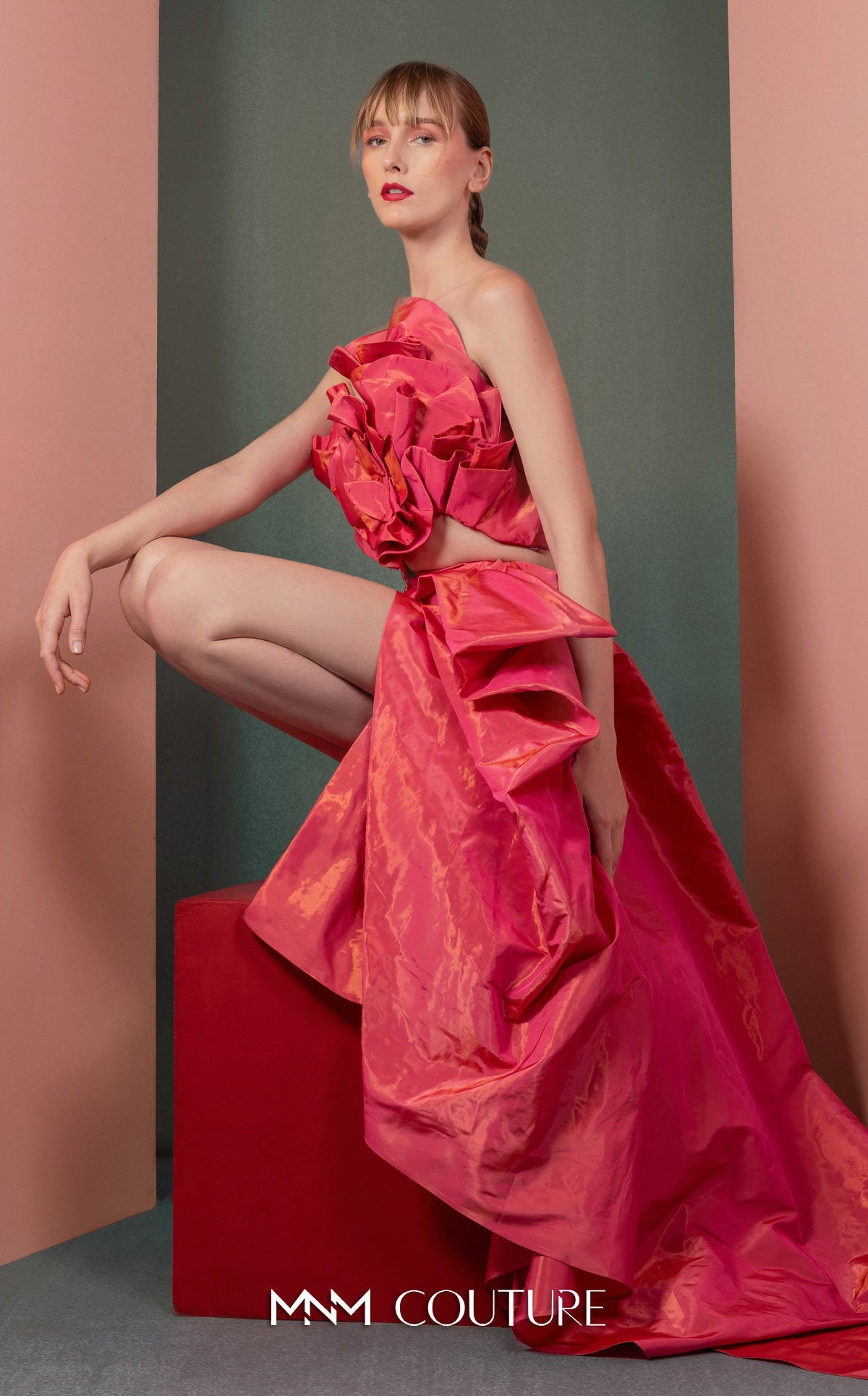 Style GOF2531 Luxurious Deep Fuscia top with Dangling Lace Finish Asymmetrical Fuscia Metallic Taffeta Asymmetrical Skirt