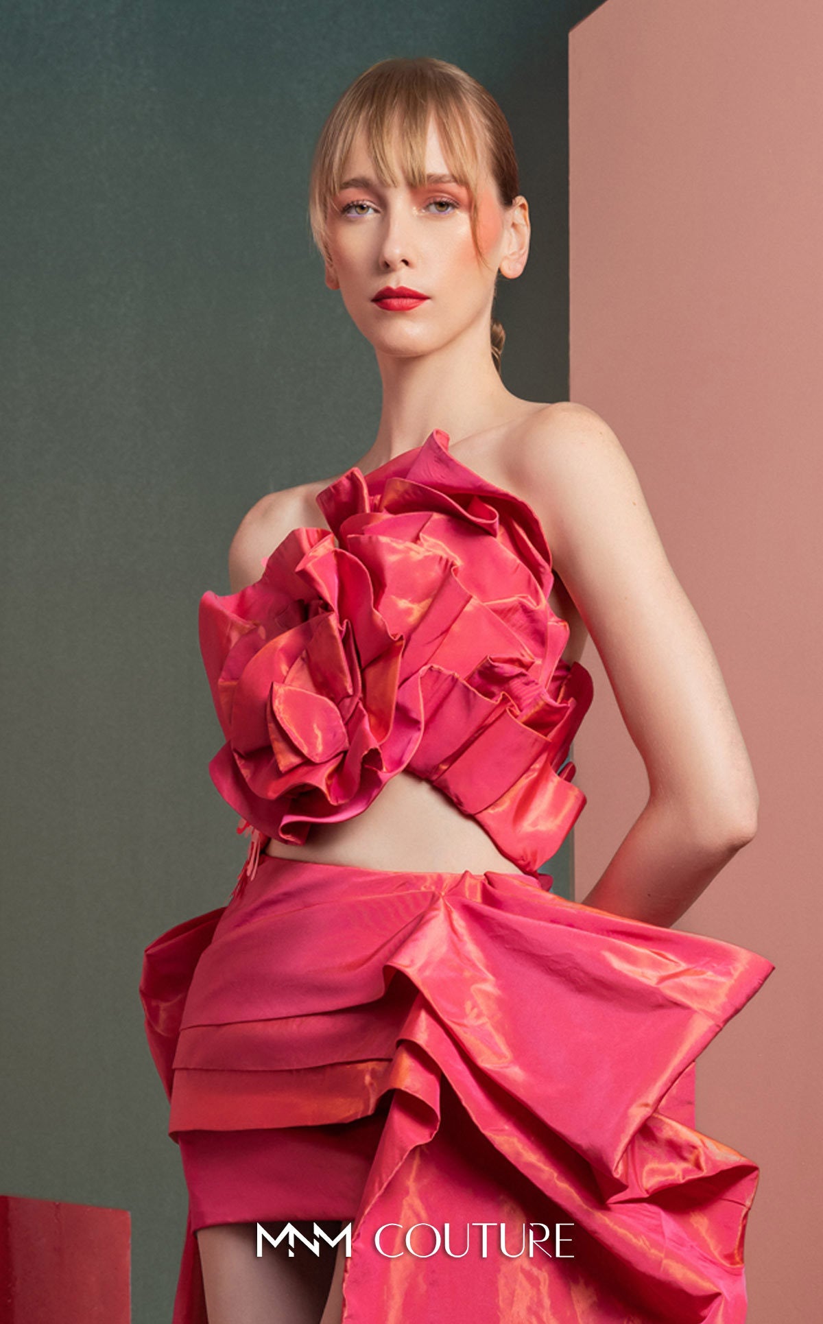 Style GOF2531 Luxurious Deep Fuscia top with Dangling Lace Finish Asymmetrical Fuscia Metallic Taffeta Asymmetrical Skirt