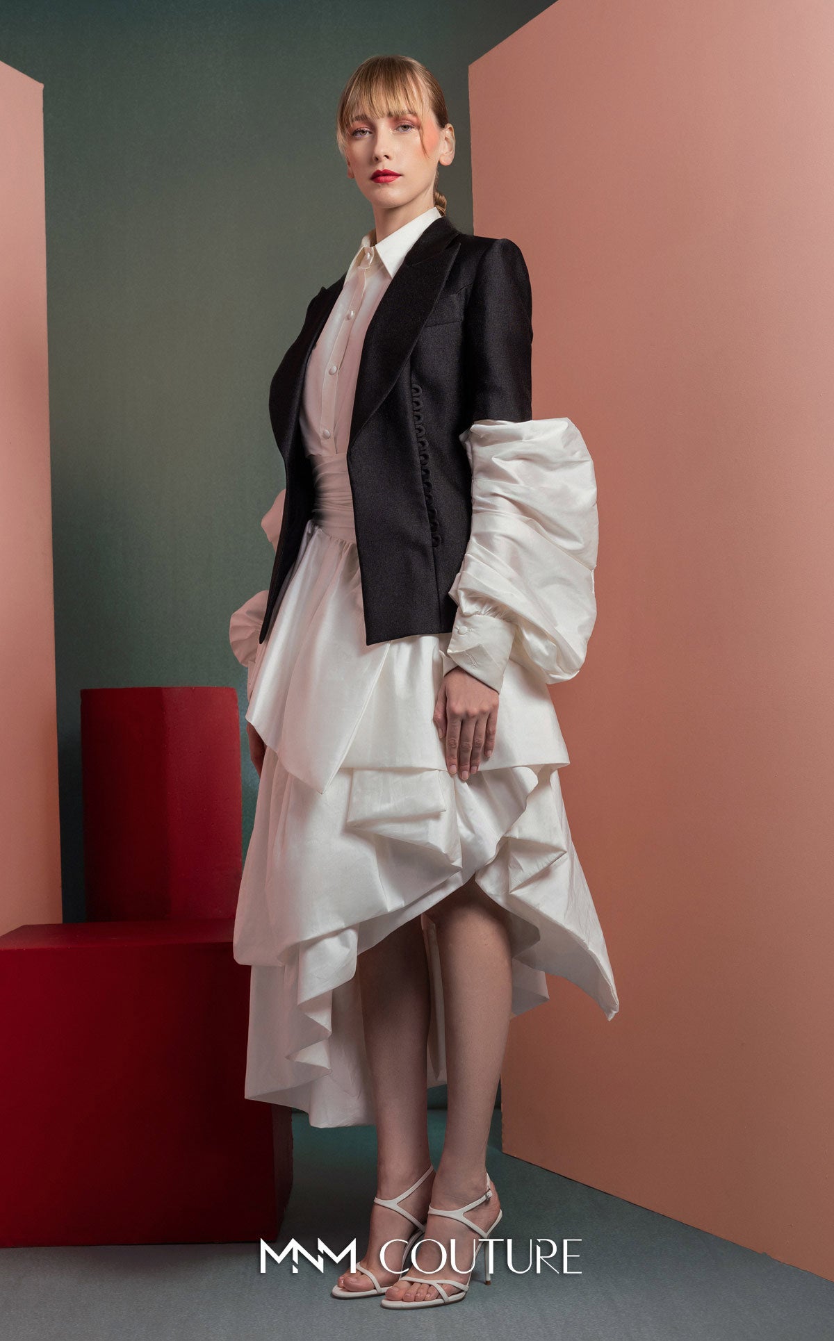 Style GOF2532 Minimalist Black Blazer Contemporary Versatile Blouse with Puffed Sleeves And skirt